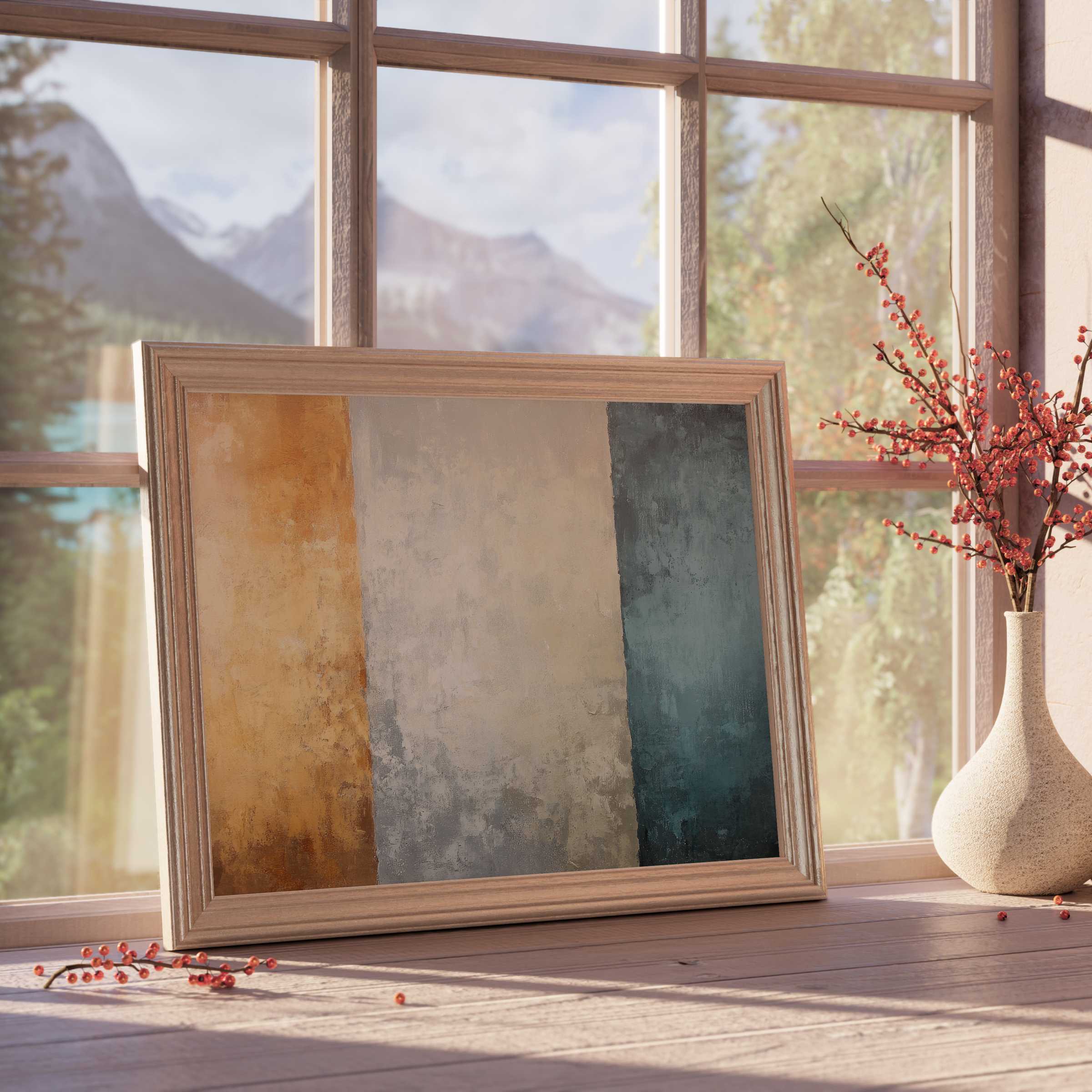Modern downloadable art with warm ochre, soft gray, and deep teal hues enriches tranquil, design-forward interiors