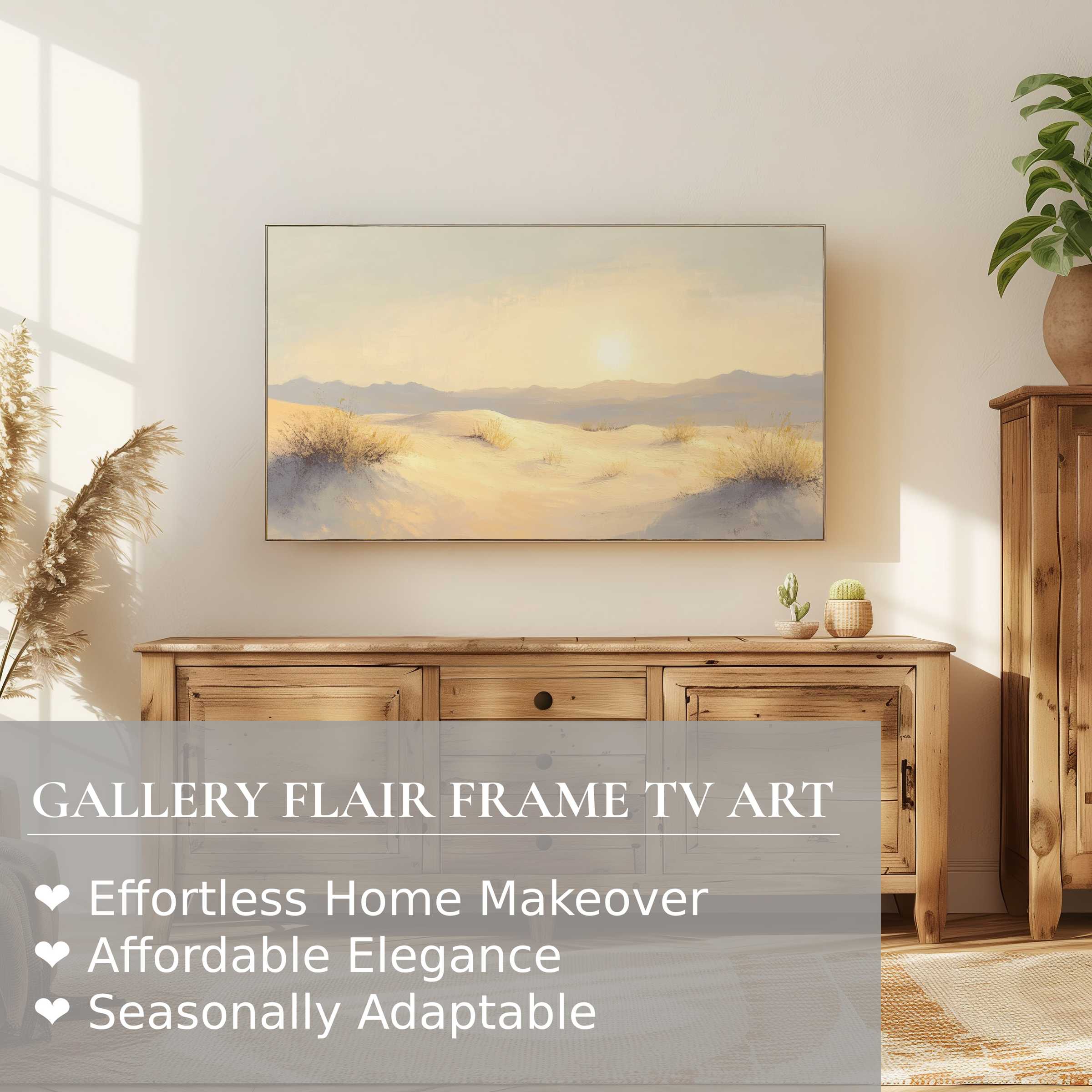 Samsung Frame TV displays serene landscape digital artwork in a warm, minimalistic, modern home setting