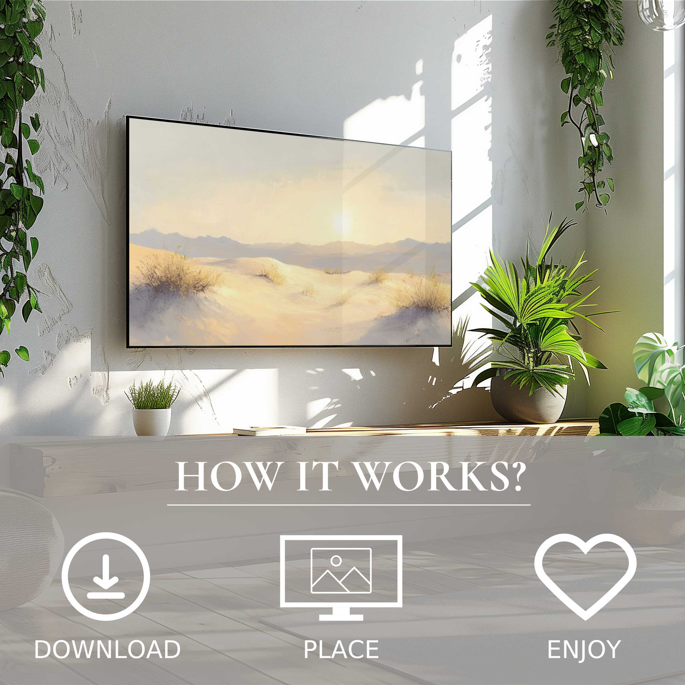 Modern living room with landscape art for Samsung TV in soft sunset tones; easy digital download enriches space
