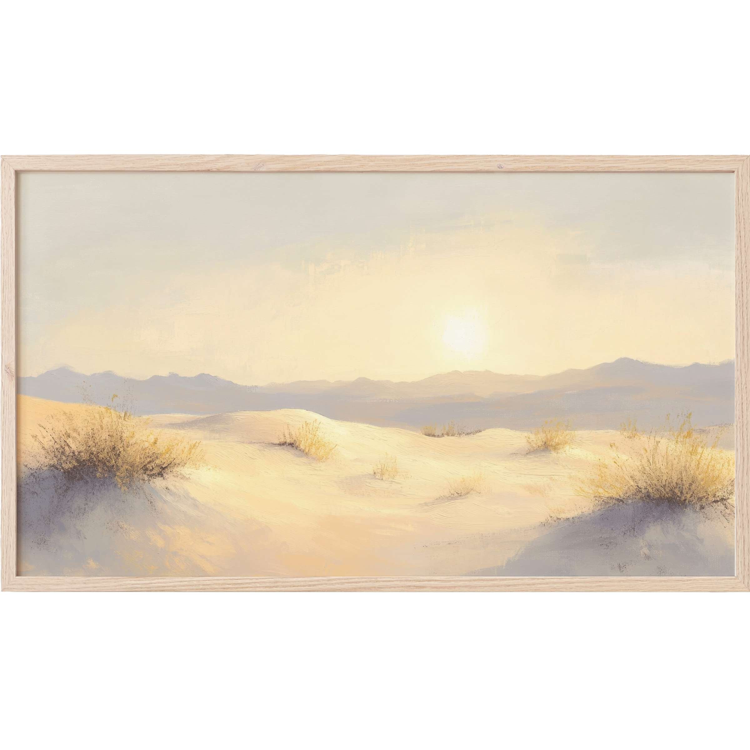 Soft pastel desert dunes at sunrise with gentle shadows, minimalist landscape Frame TV Art in serene warm tones