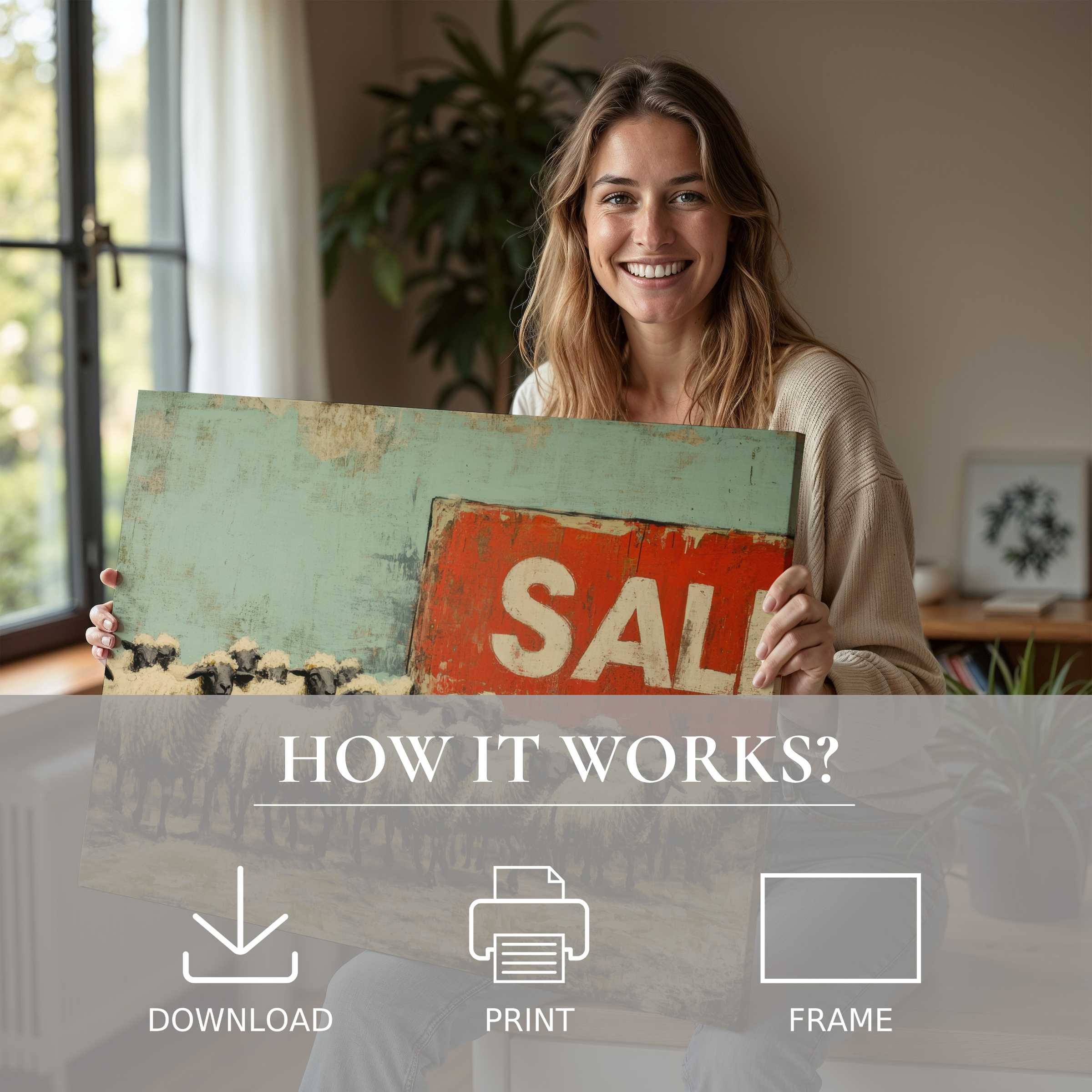 A joyful moment unveiling street art digital art print in a sunlit, chic home-effortless elegance from download to frame