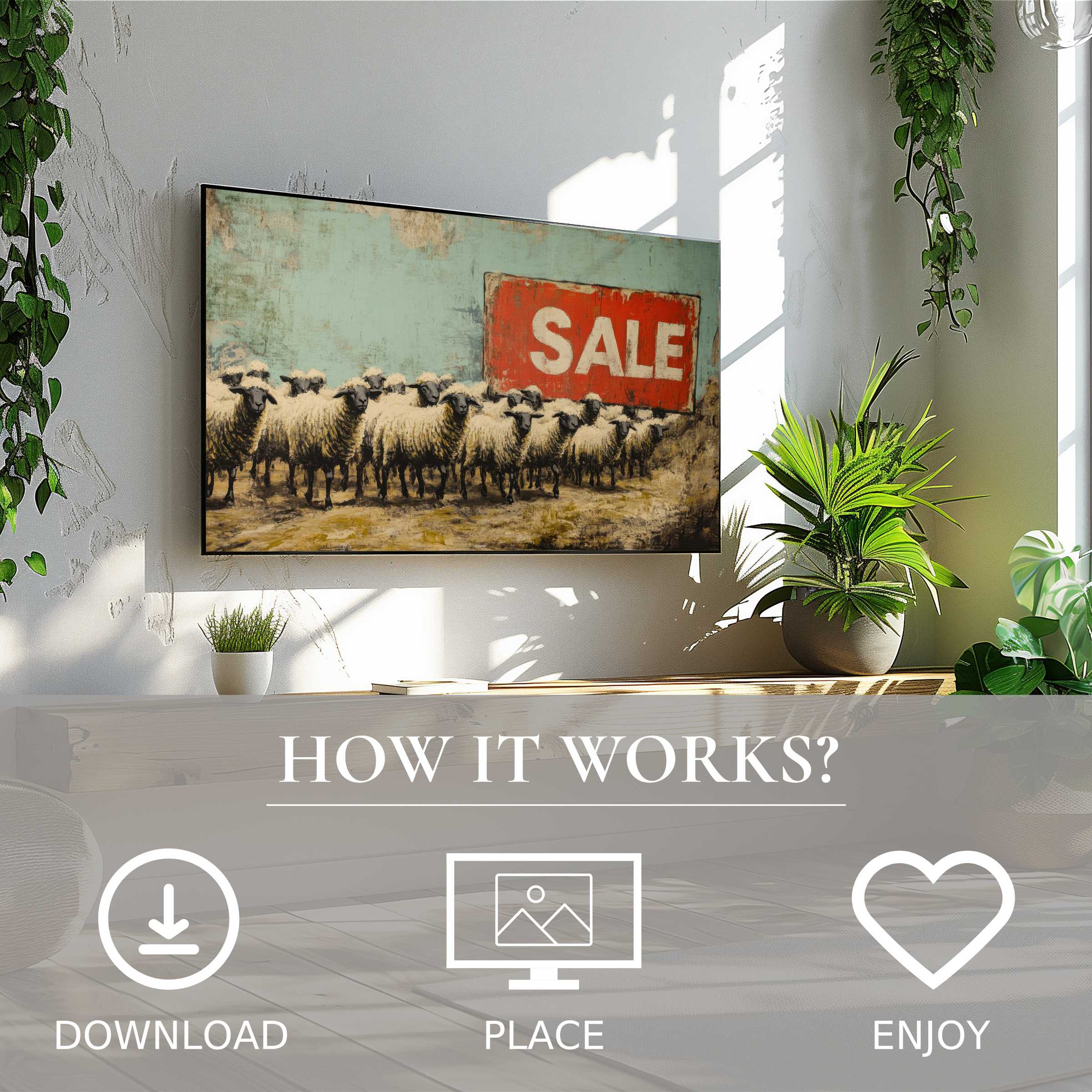 Modern living room with greenery and street art for Samsung TV featuring sheep motif and bold SALE sign, easy digital download