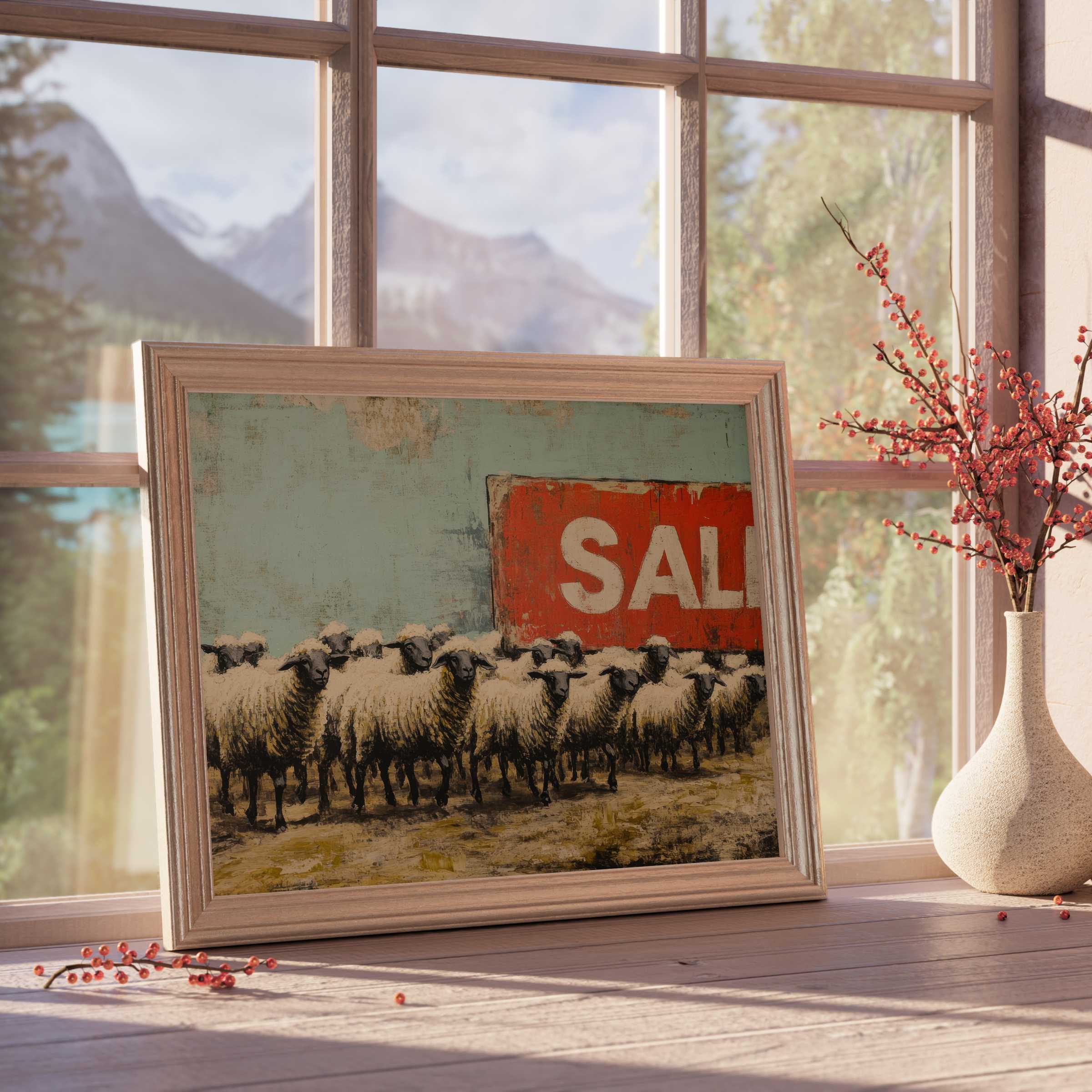 Curated street art downloadable art depicting sheep in soft, muted tones with vintage charm, enriching tranquil, design-forward interiors