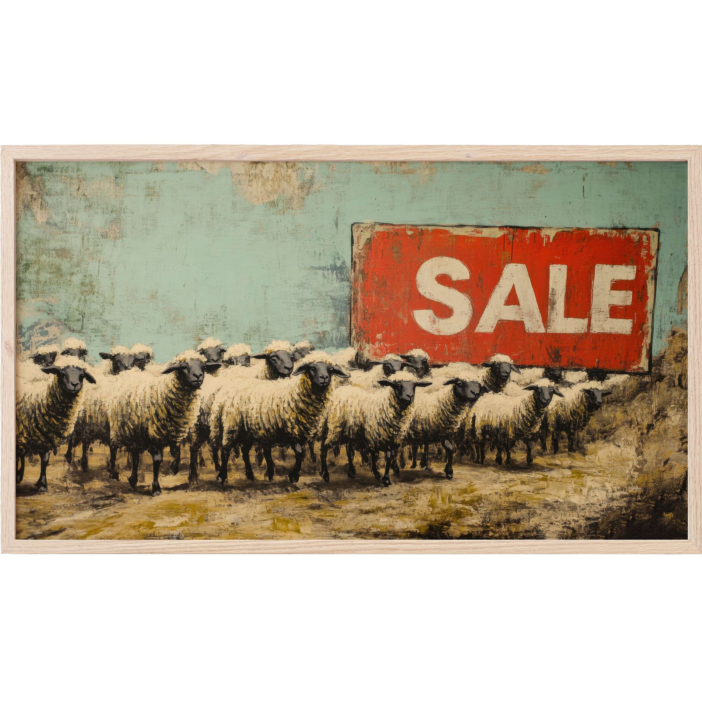 Street art Frame TV Art depicting a flock of sheep in muted earth tones with a bold red SALE sign