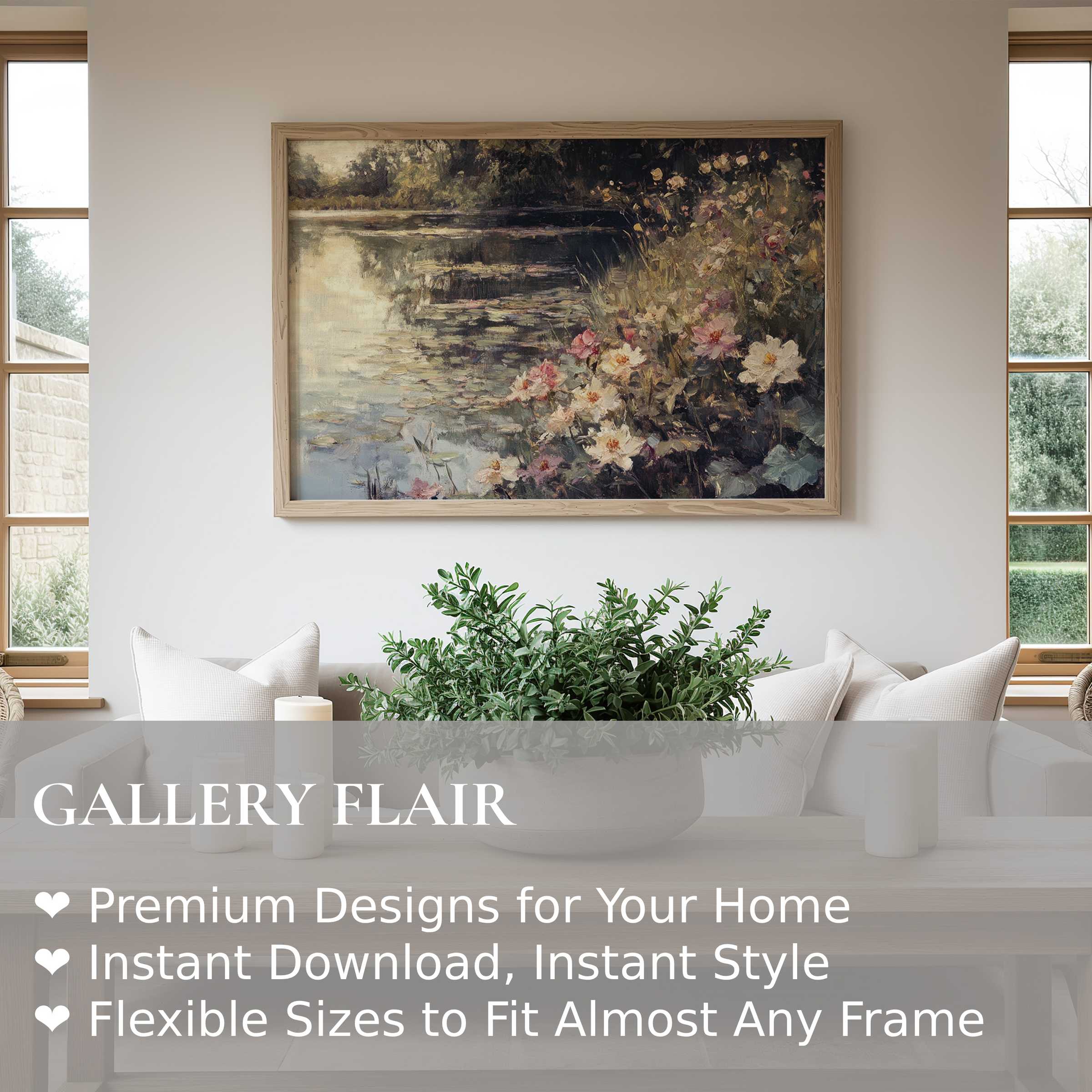 Summer wall art print featuring a radiant floral pond scene, adding serene elegance to modern, natural interiors