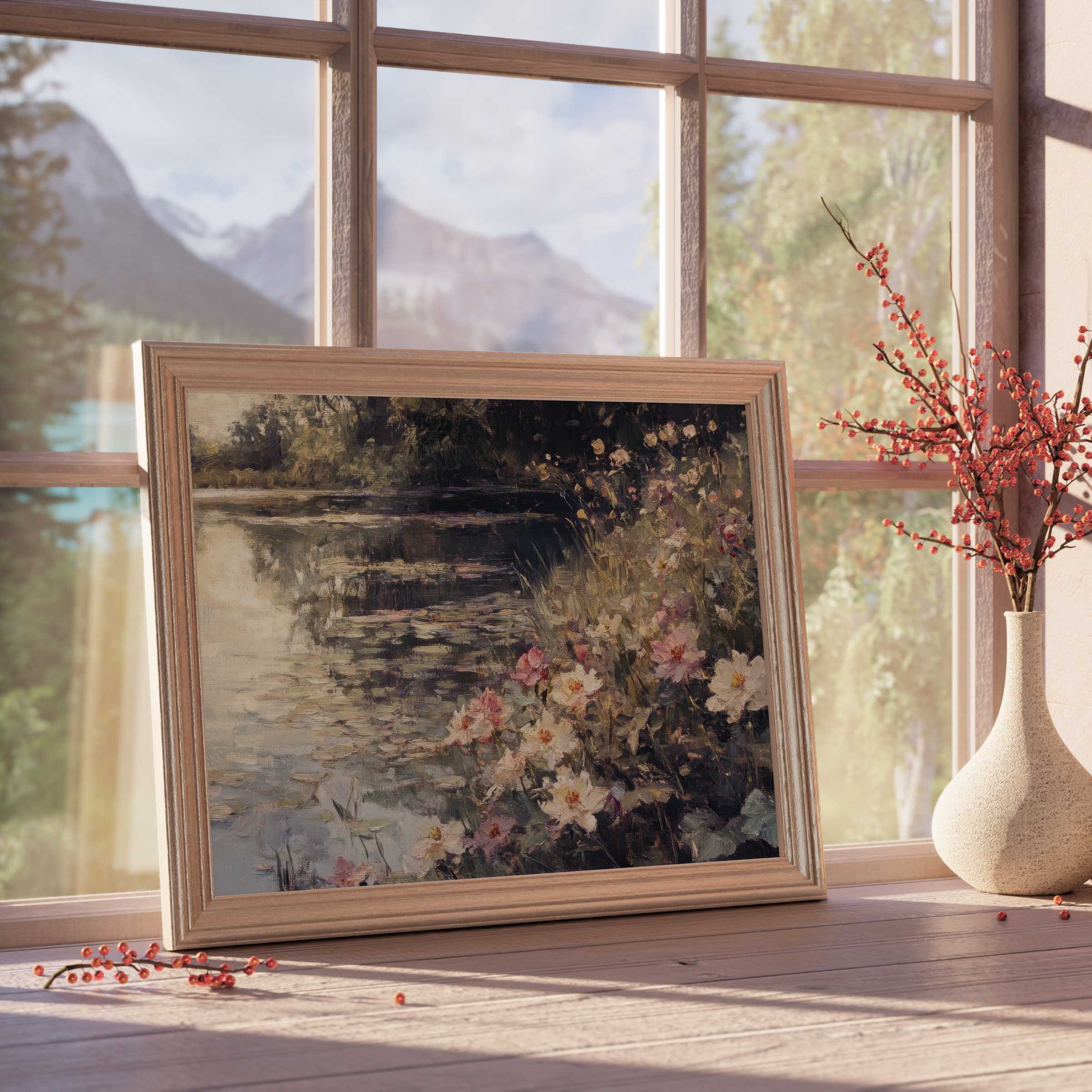 Summer downloadable art capturing a tranquil floral lakeside scene, perfect for curated, serene home interiors