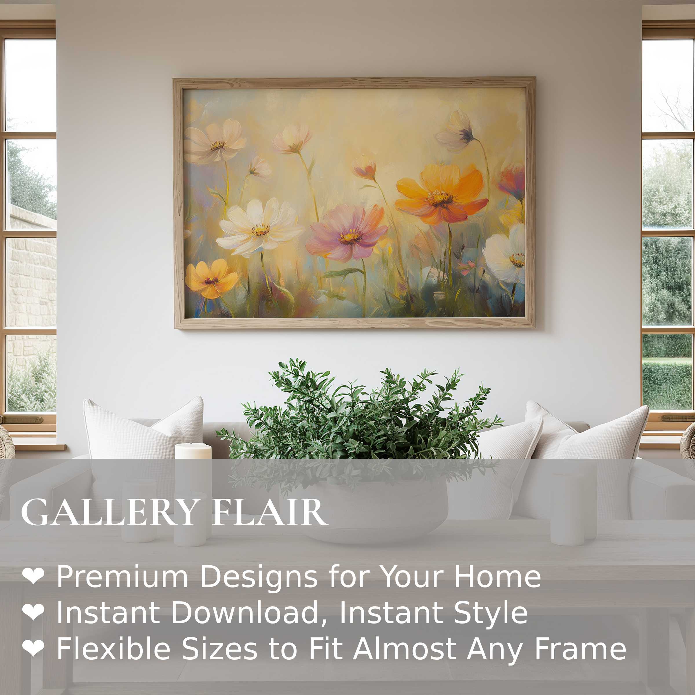 Soft, radiant floral wall art print in warm pastels brightens a modern minimal living room, inspiring calm and elegance
