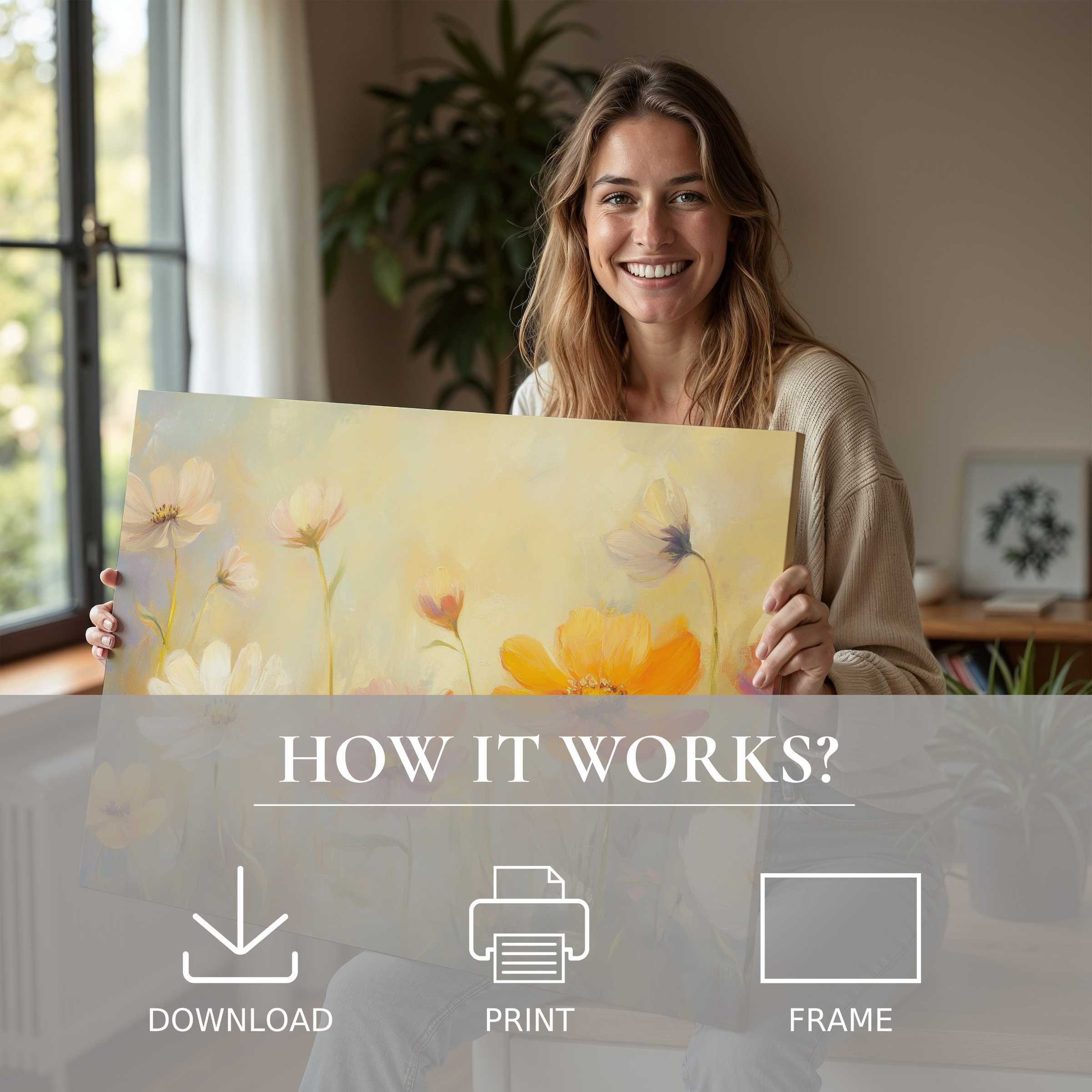 Radiant floral digital art print in warm golds, evoking serene joy and effortless elegance in modern living spaces