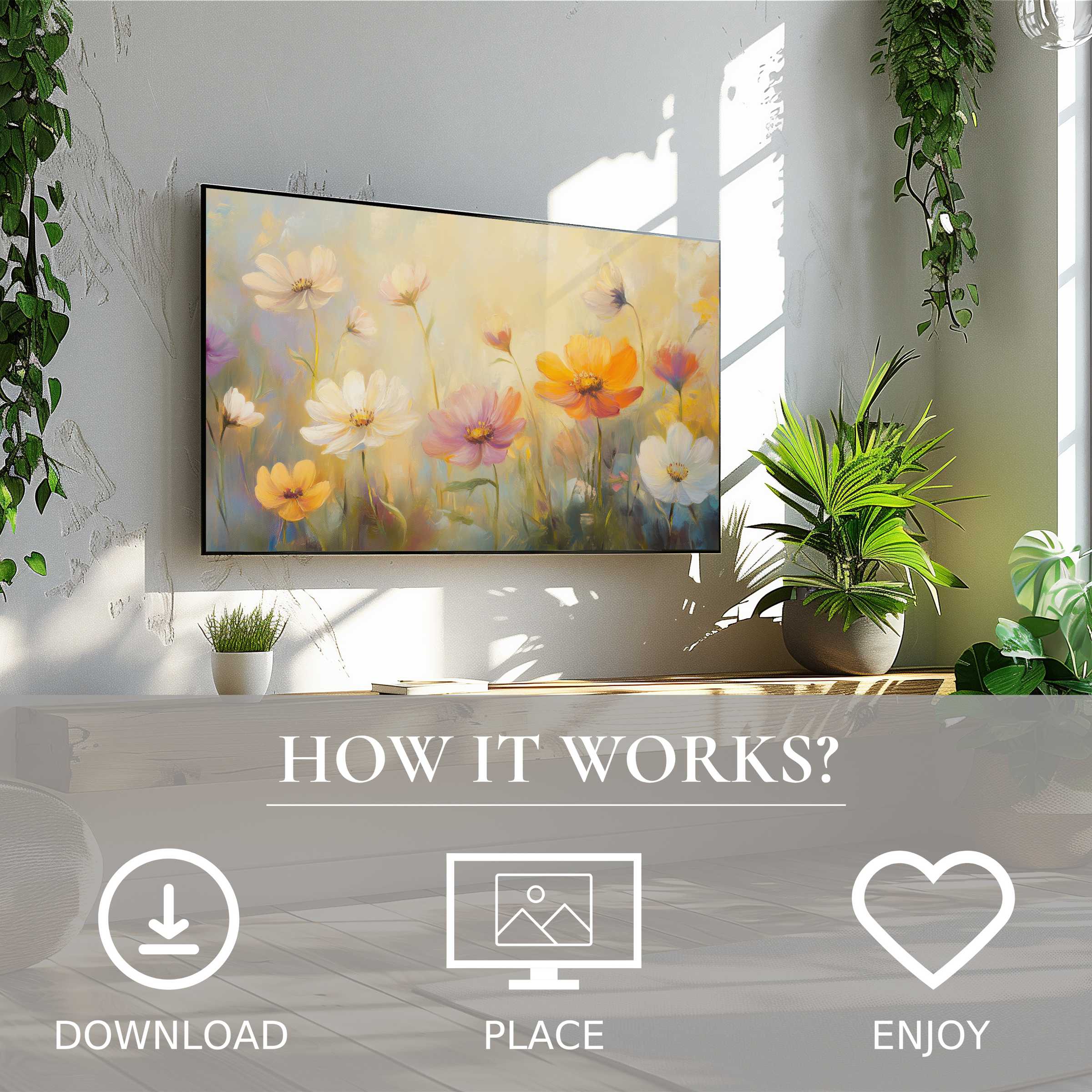 Floral art for Samsung TV with soft pastel blooms, easy digital download enriching modern living spaces with elegance