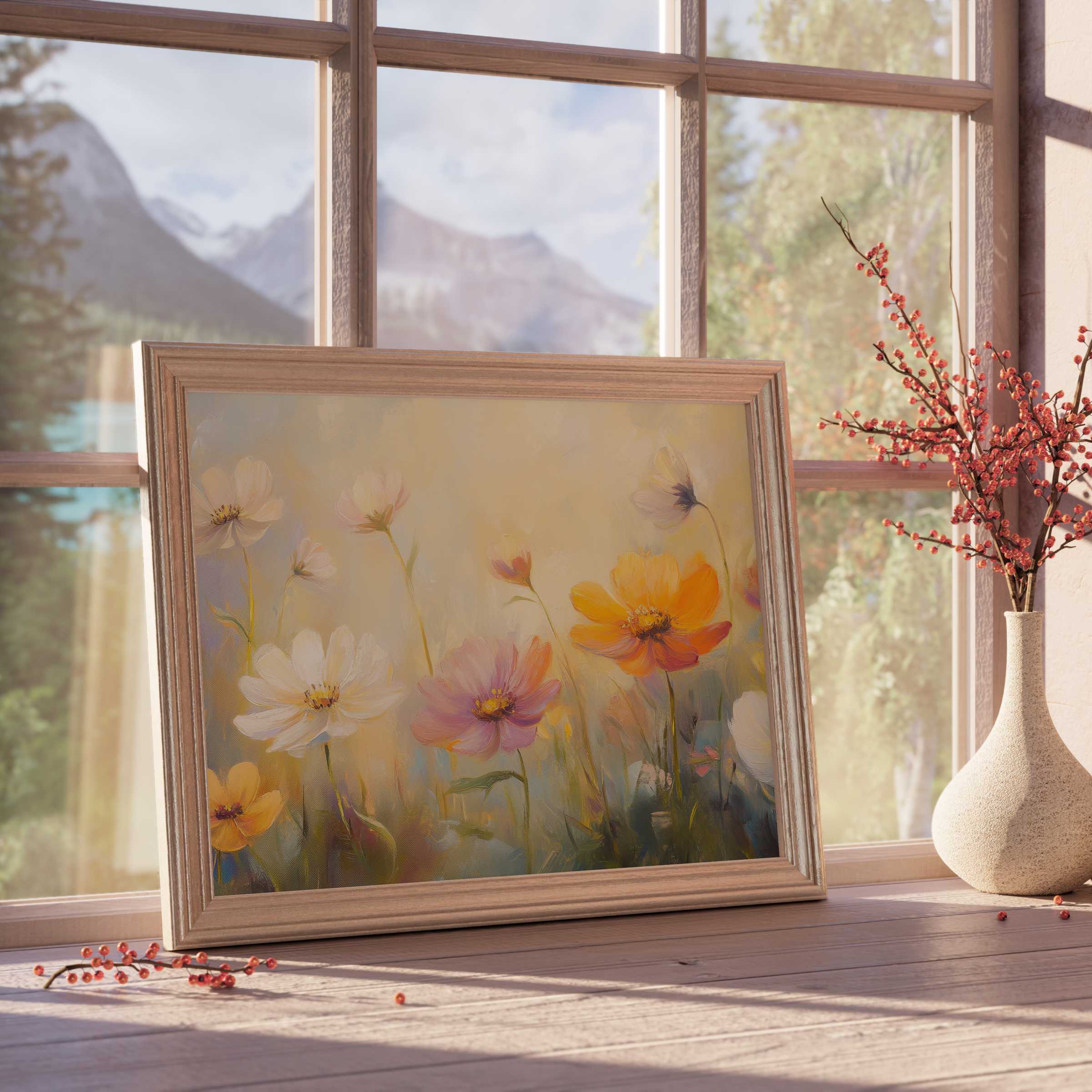 Elegant floral downloadable art blooming with soft pastels and warm light, perfect for serene, design-forward interiors