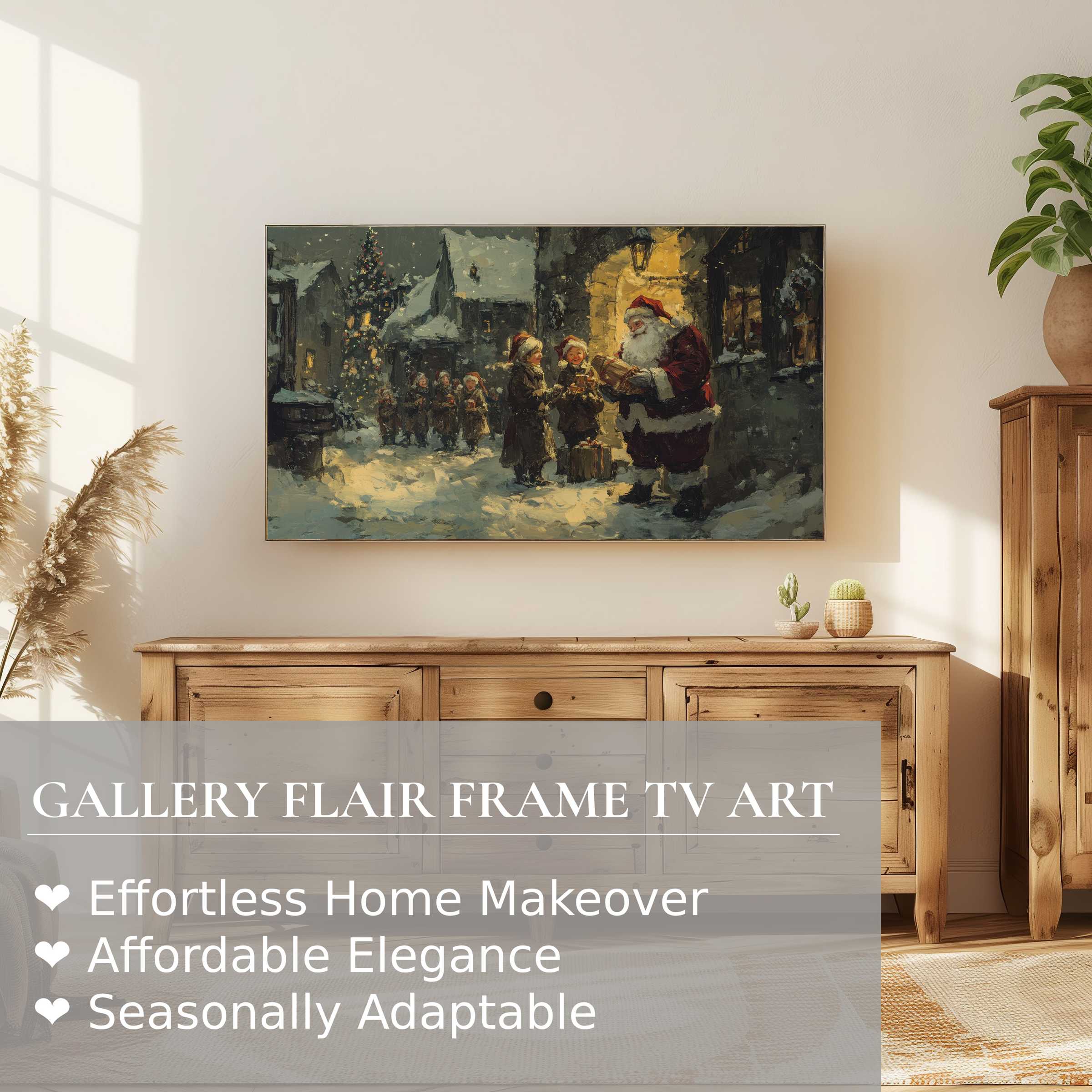 Samsung Frame TV displaying elegant christmas digital artwork in a cozy, modern wood-furnished living room