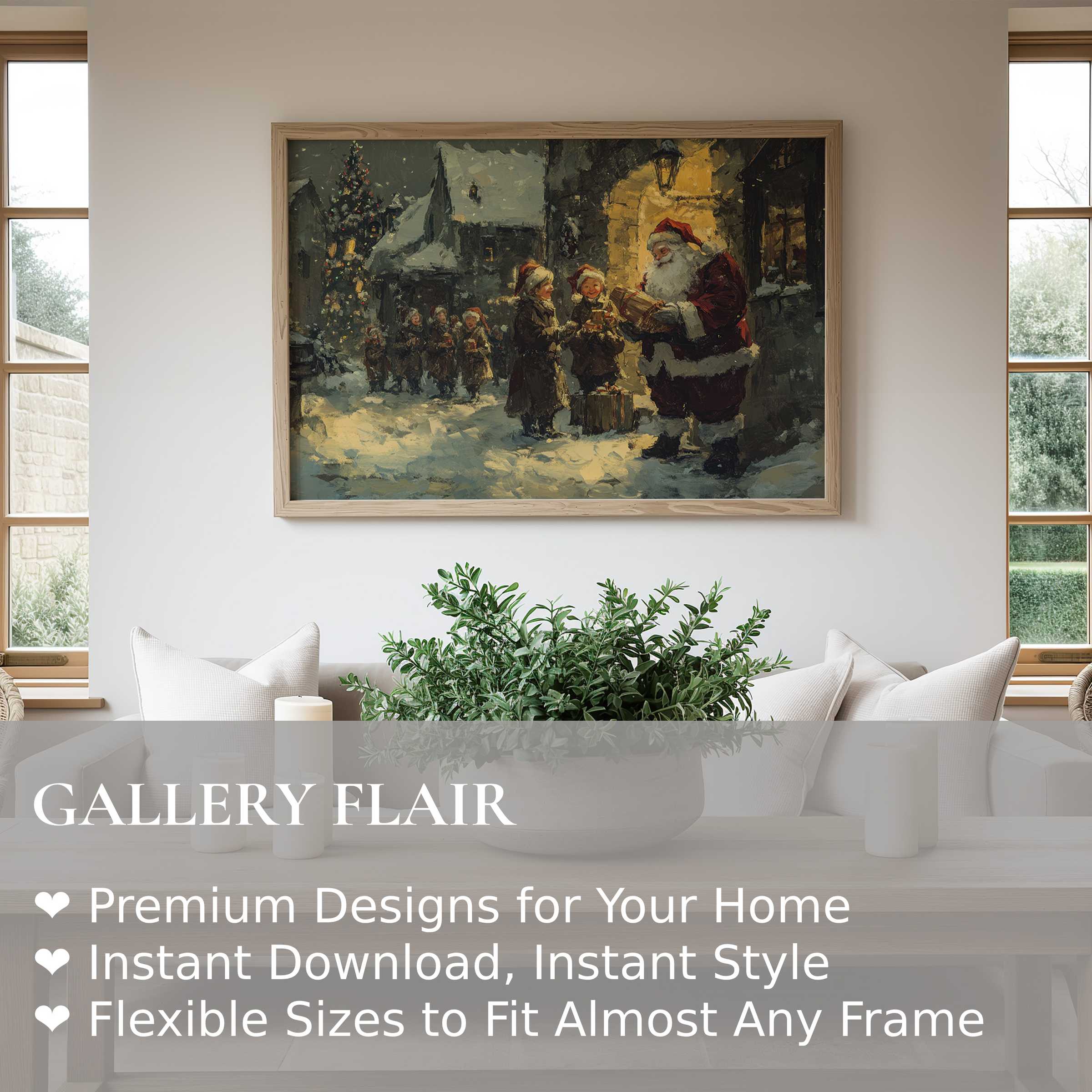 Christmas wall art print depicting a nostalgic Santa scene, radiating warmth and charm in a minimalist Scandinavian living room, elevating festive elegance