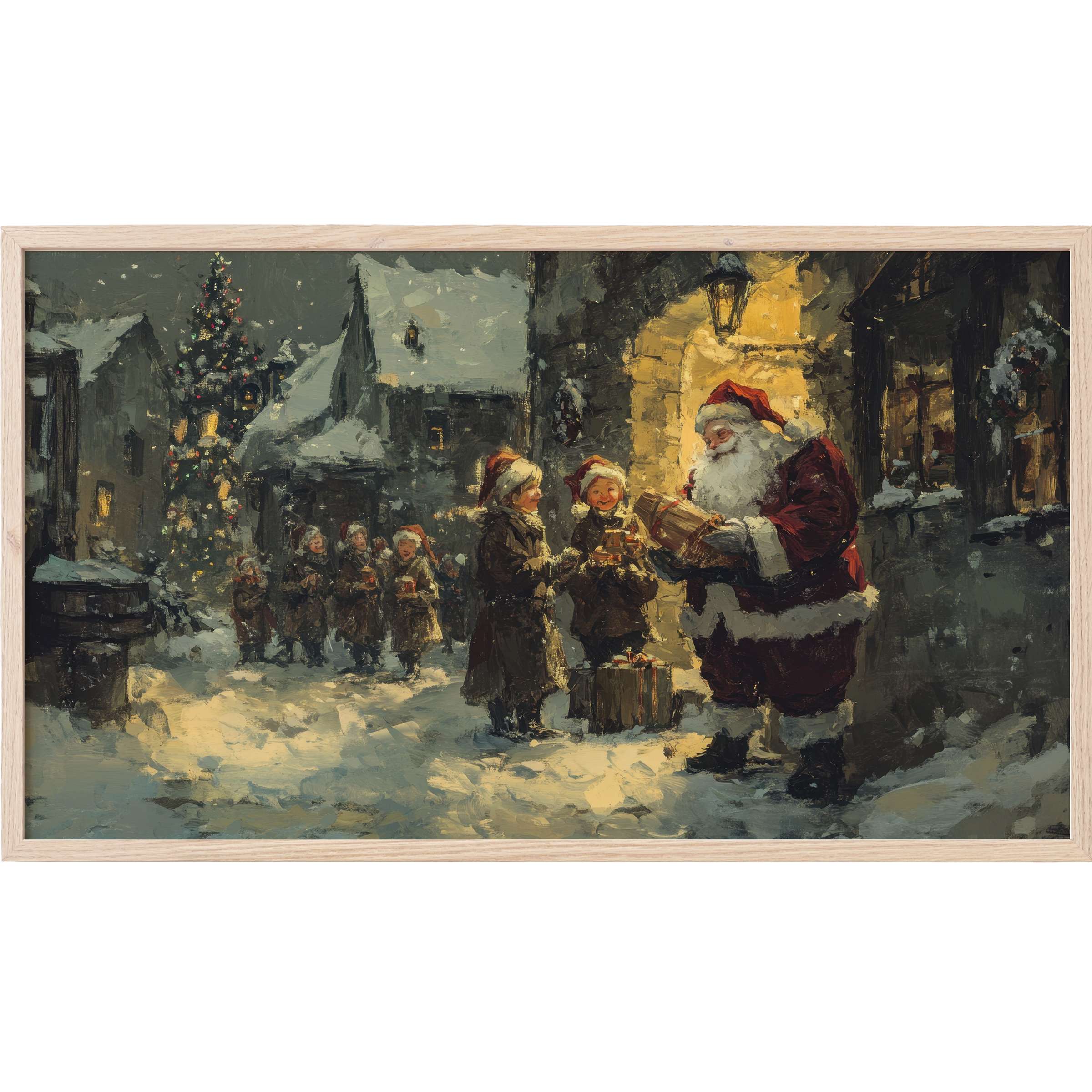 Warm-lit, vintage street scene with Santa and children in snowy muted tones, perfect christmas Frame TV Art