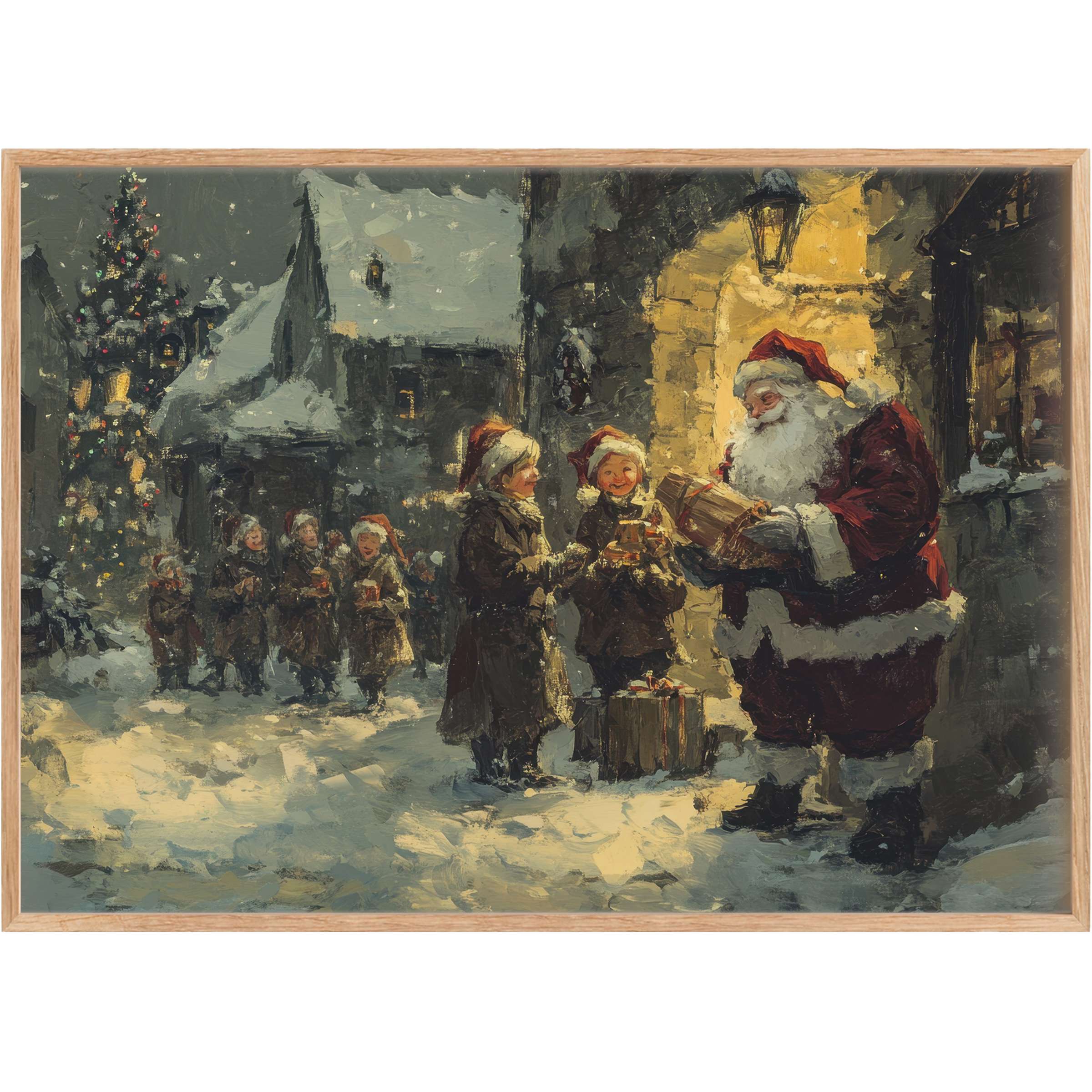 Christmas printable wall art capturing a radiant winter night with Santa gifting joy, glowing amber and deep crimson tones evoke nostalgic warmth