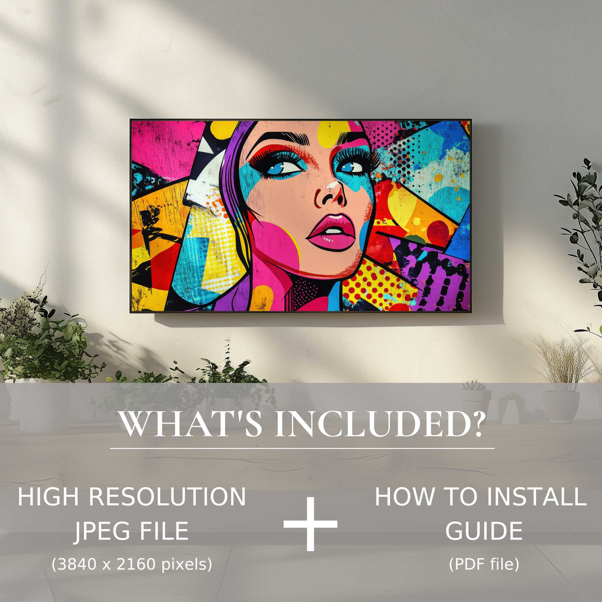 Elegant pop art digital TV art download brightens any living space with ease, offering stylish high-res JPEG and install guide