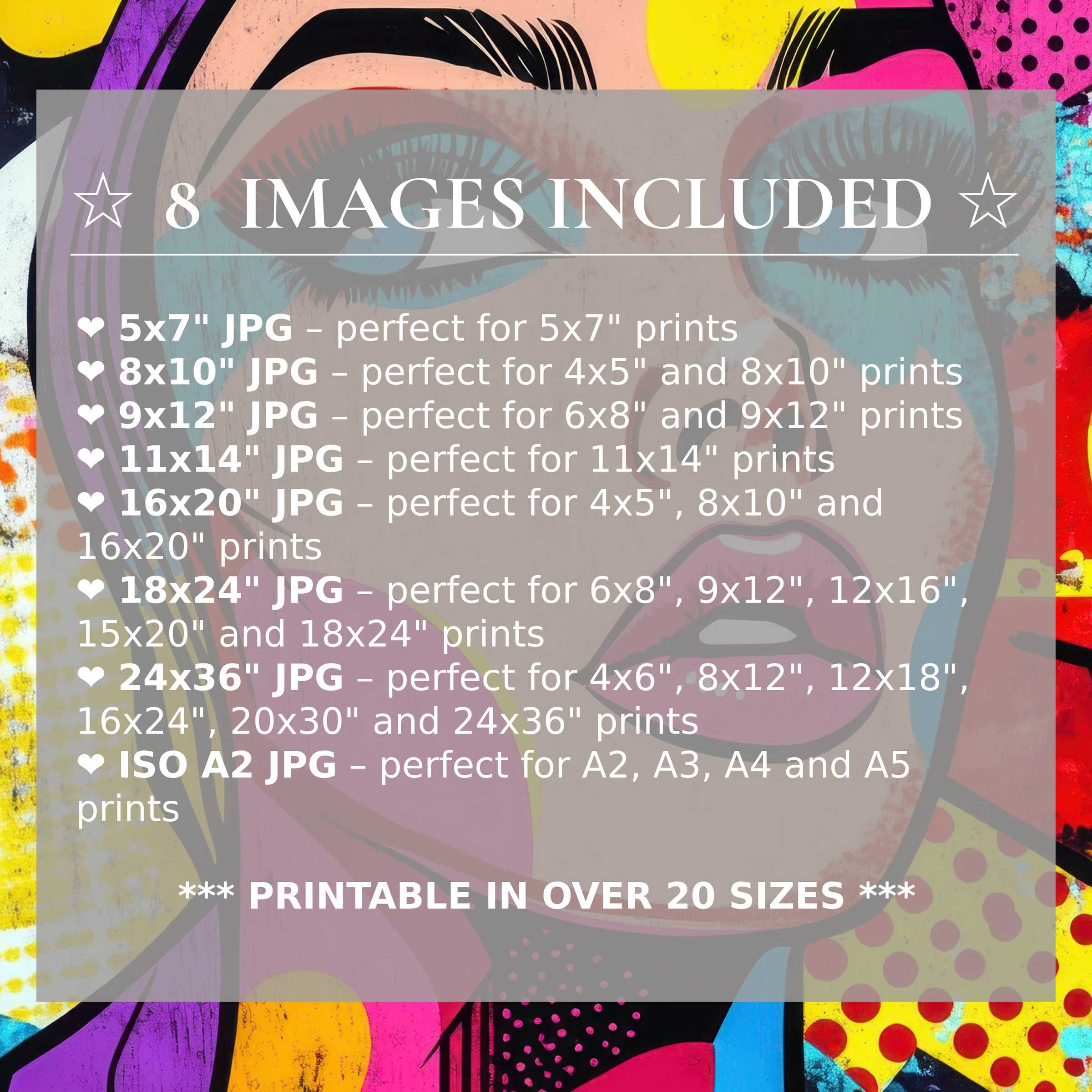 Vibrant pop art digital print bursting with bold yellows, pinks, and blues, offered in 8 high-quality sizes included to elevate modern interiors with effortless style and versatile sophistication