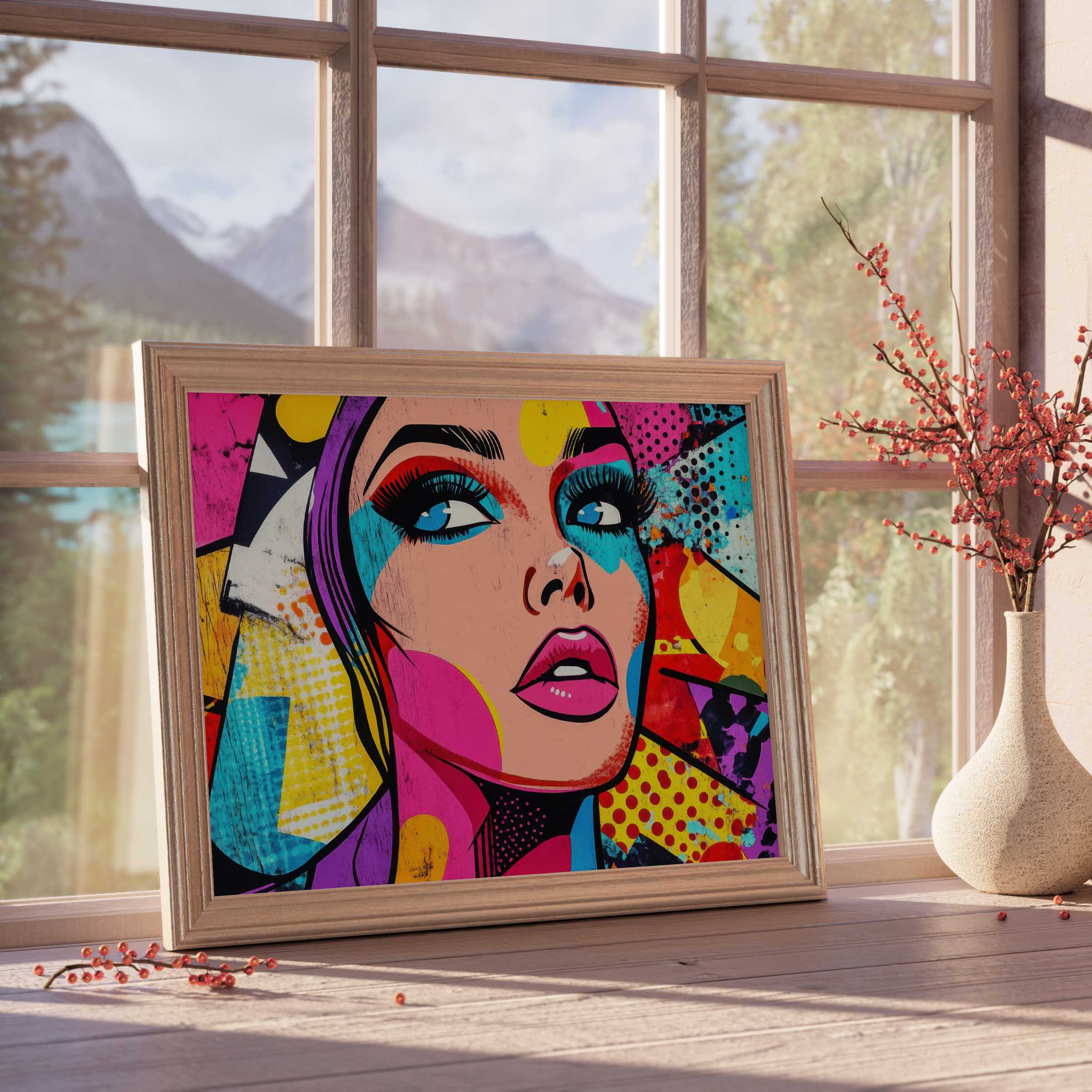 Vibrant pop art downloadable art showcasing bold colors and striking female portrait, elevating curated, modern interiors with dynamic flair