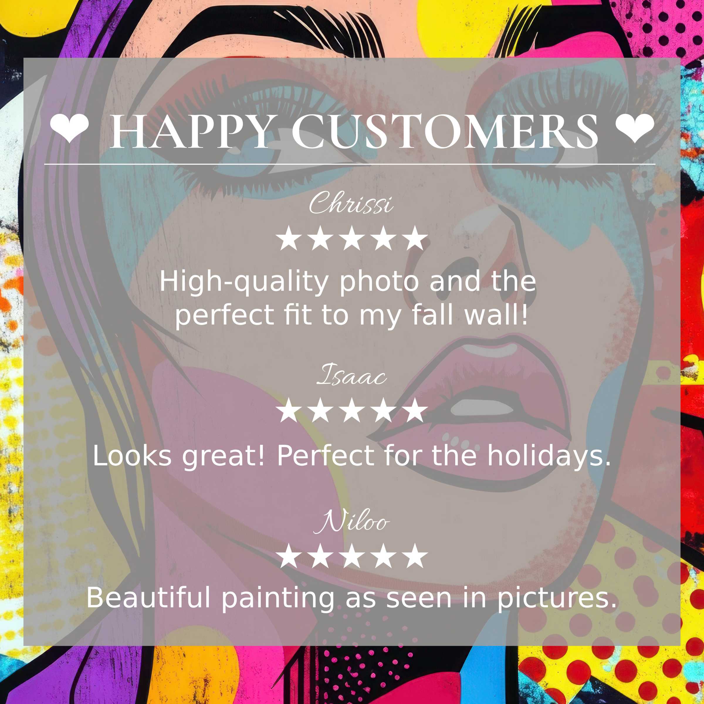 Pop art for Frame TV with abstract vibrant colors, featuring happy customer reviews that build trust and elegance