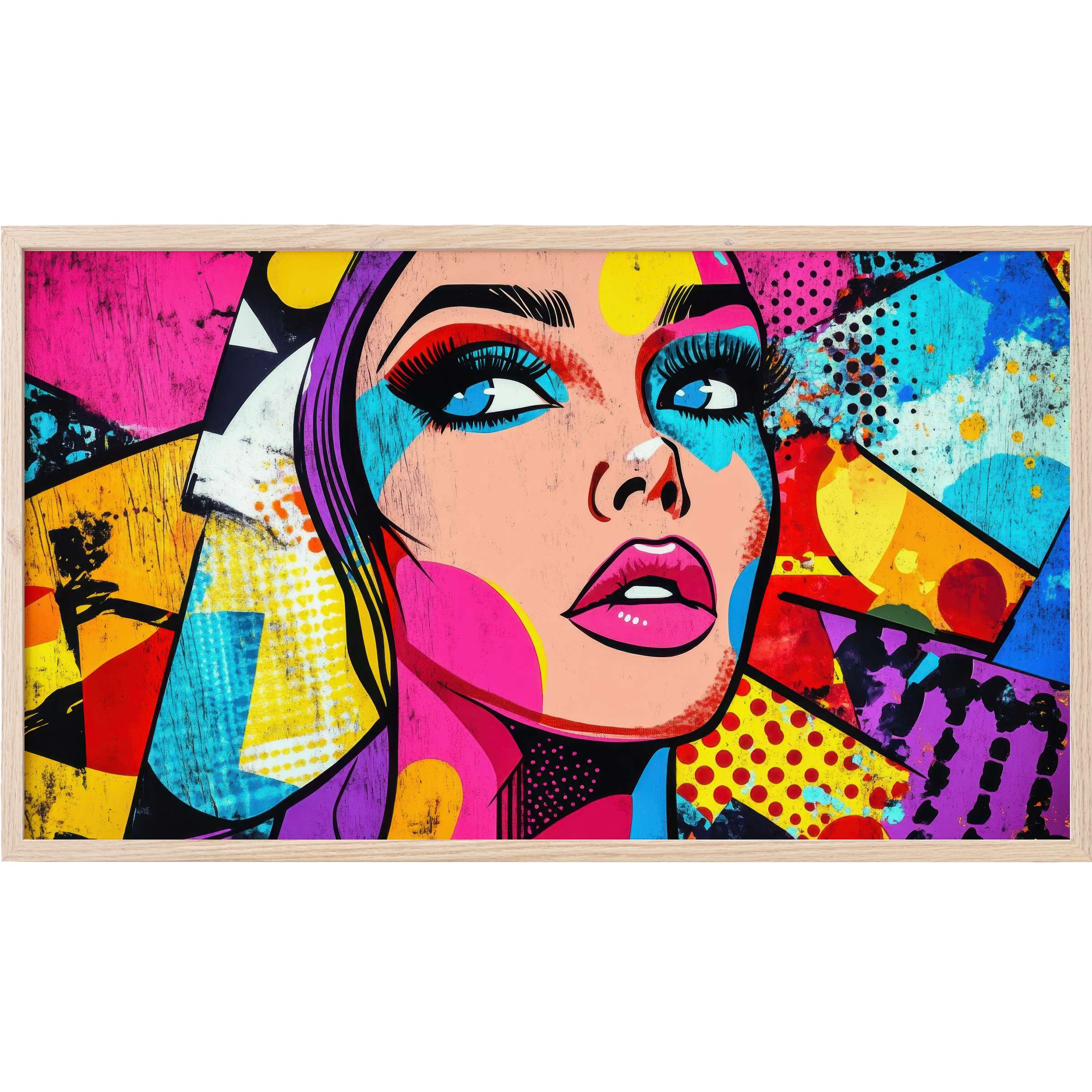 Vibrant pop art Frame TV Art featuring a bold female portrait with vivid blues, pinks, yellows, and dynamic patterns