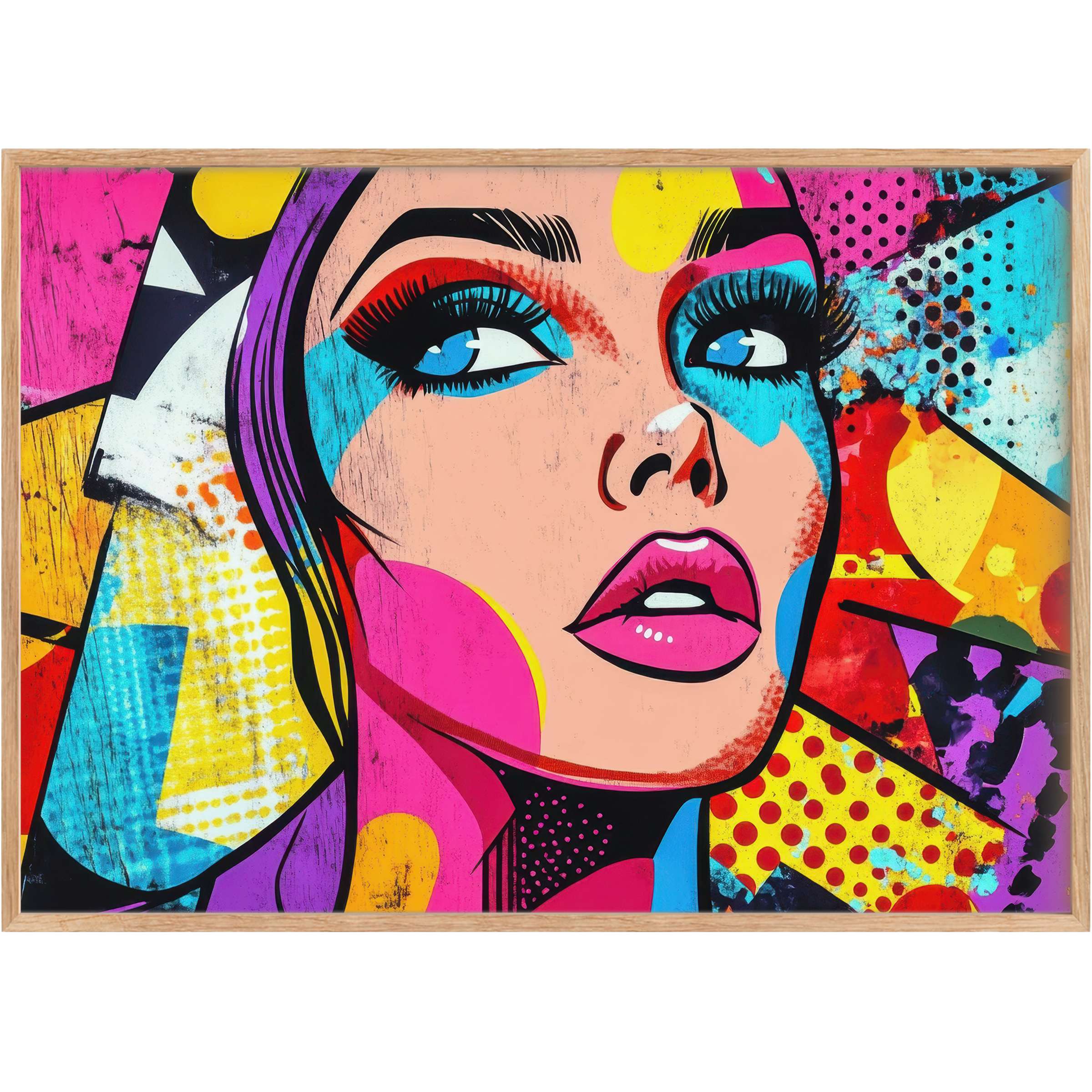 Vibrant pop art printable wall art featuring a bold portrait layered with electric blues, hot pinks, and radiant yellows, energizing any chic living space