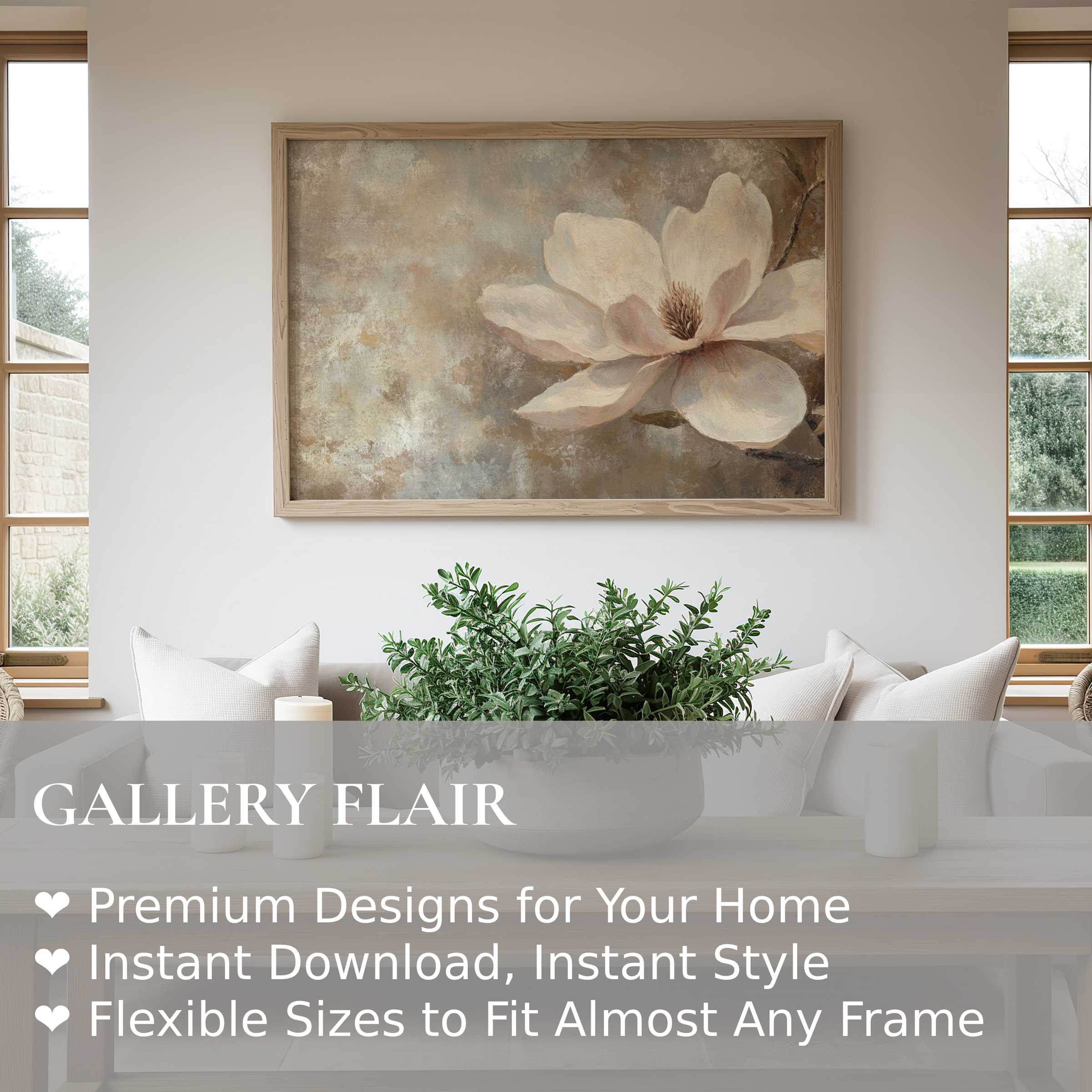 Elegant spring wall art print featuring a soft magnolia bloom in muted tones, enhancing modern farmhouse interiors with calming, radiant charm