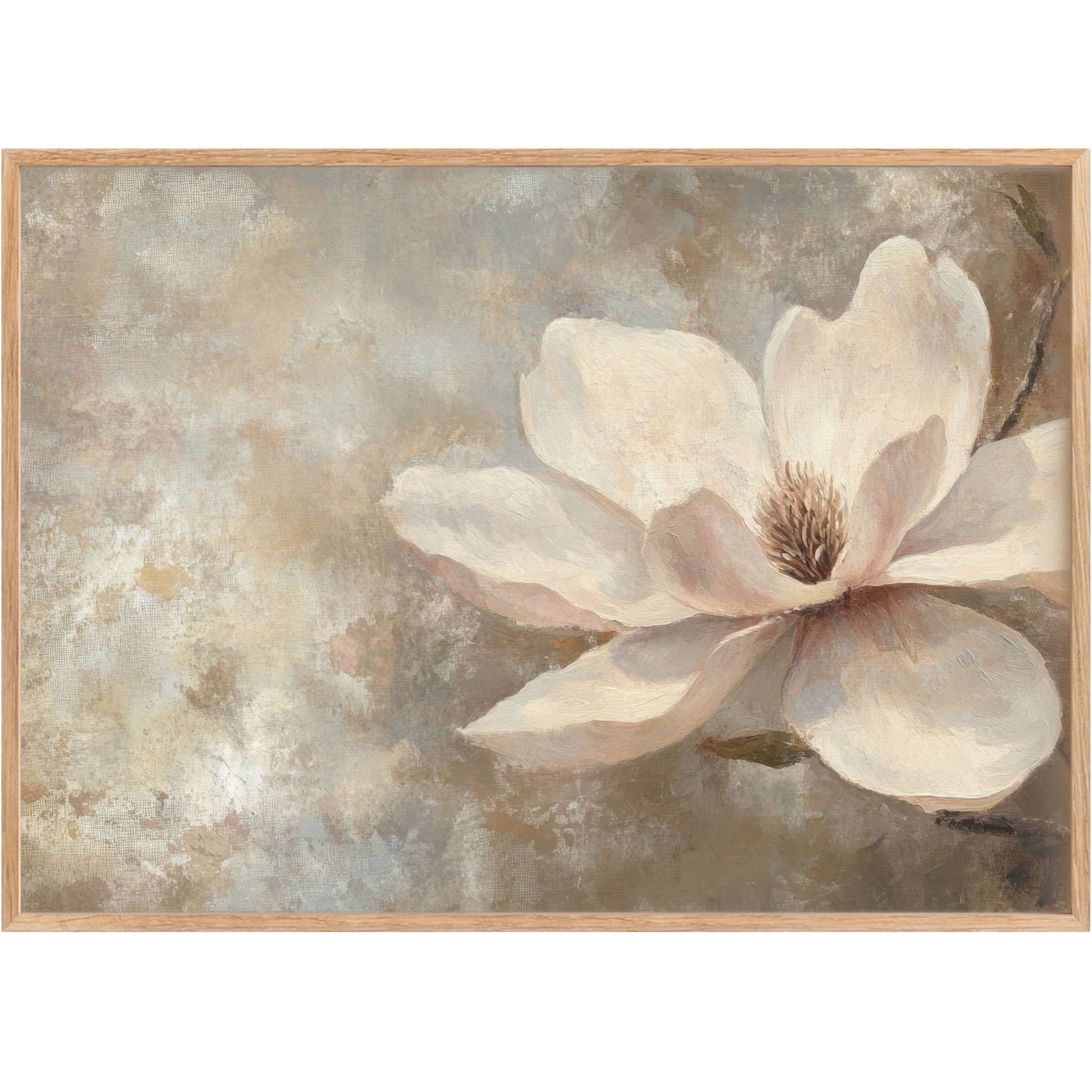 Elegant spring printable wall art featuring a soft magnolia blossom in muted creams and warm taupes, evoking serene, timeless beauty