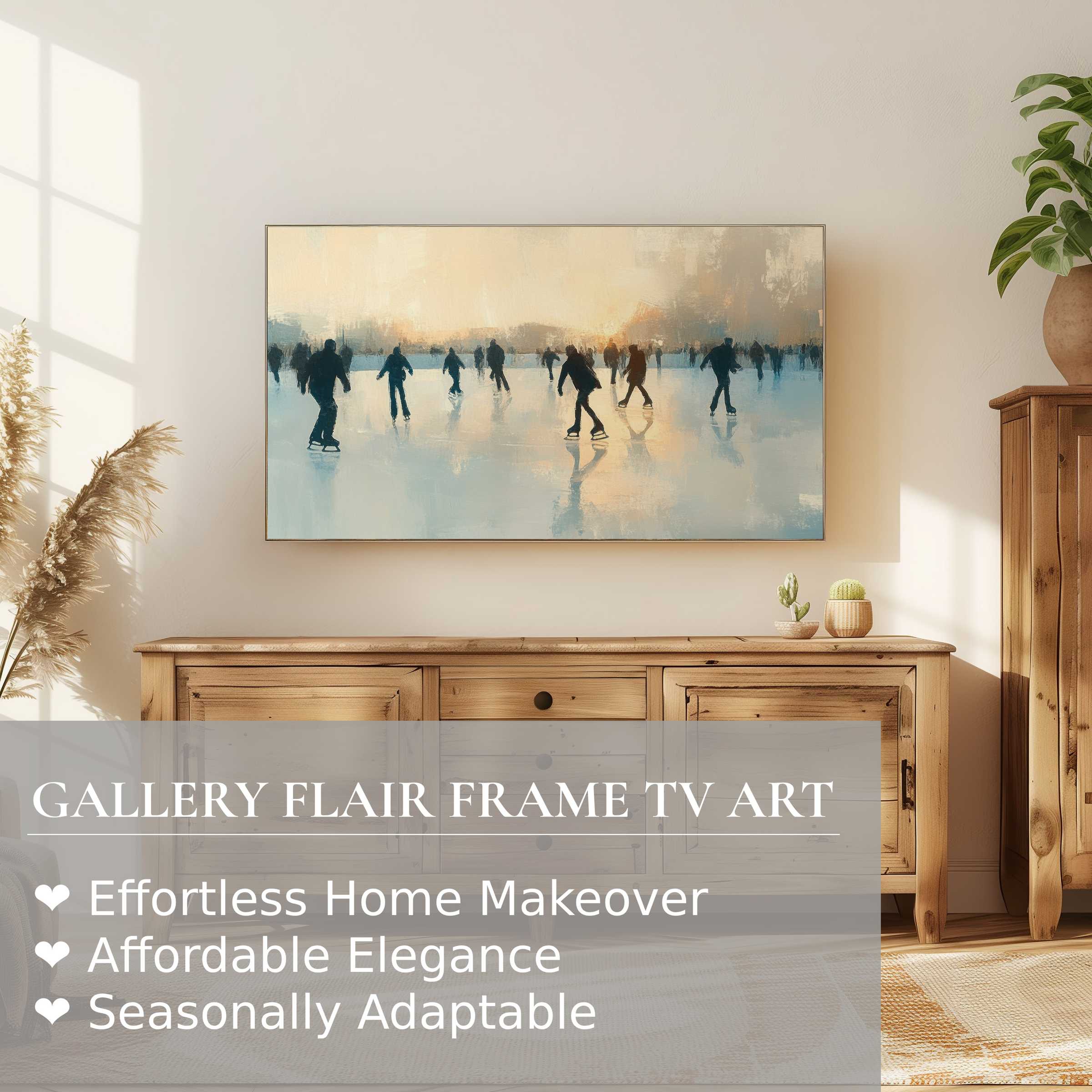 Samsung Frame TV displays serene winter digital artwork of skaters, blending modern elegance with cozy home decor