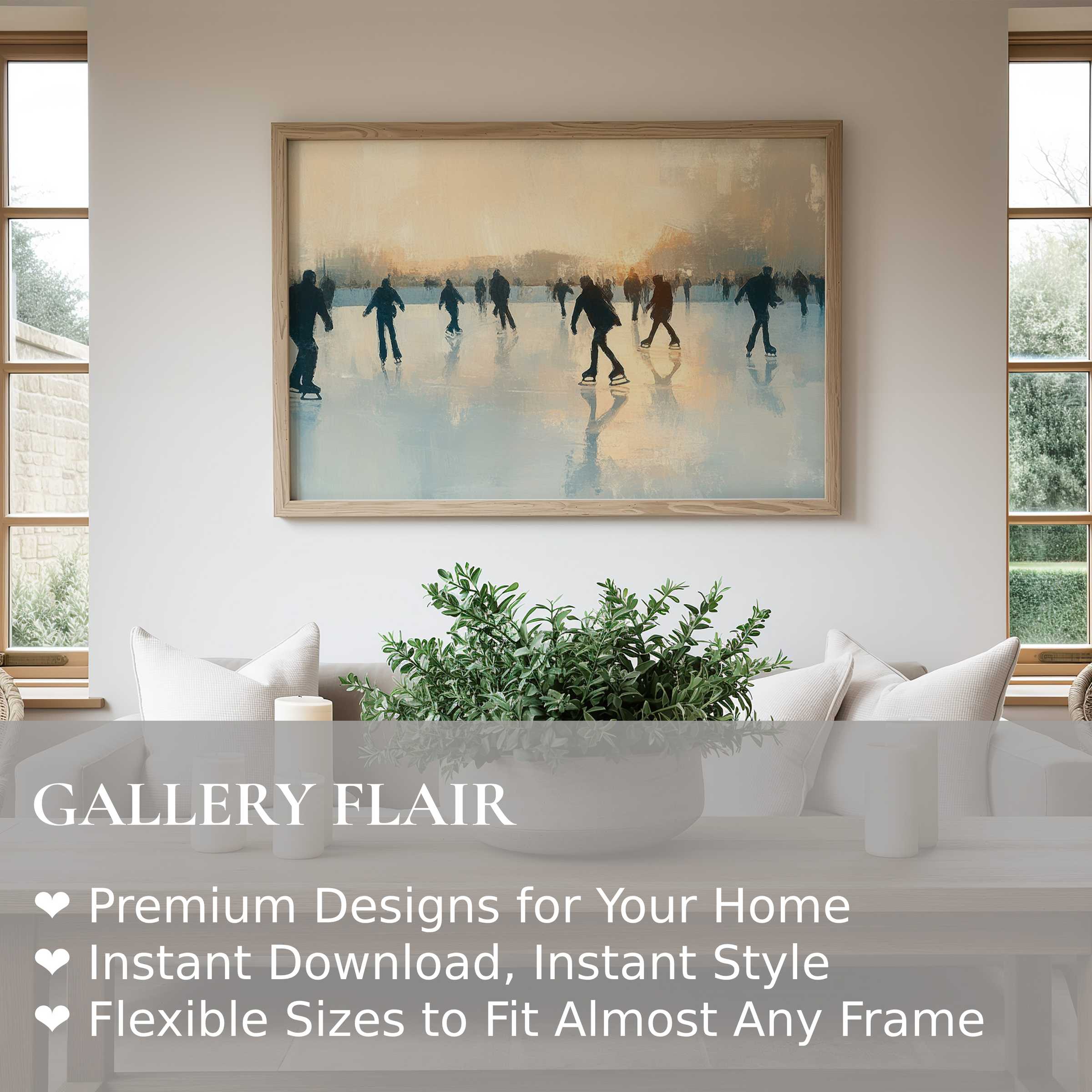 Winter wall art print capturing a serene ice skating scene with soft, radiant hues enhancing a modern, minimalist living space