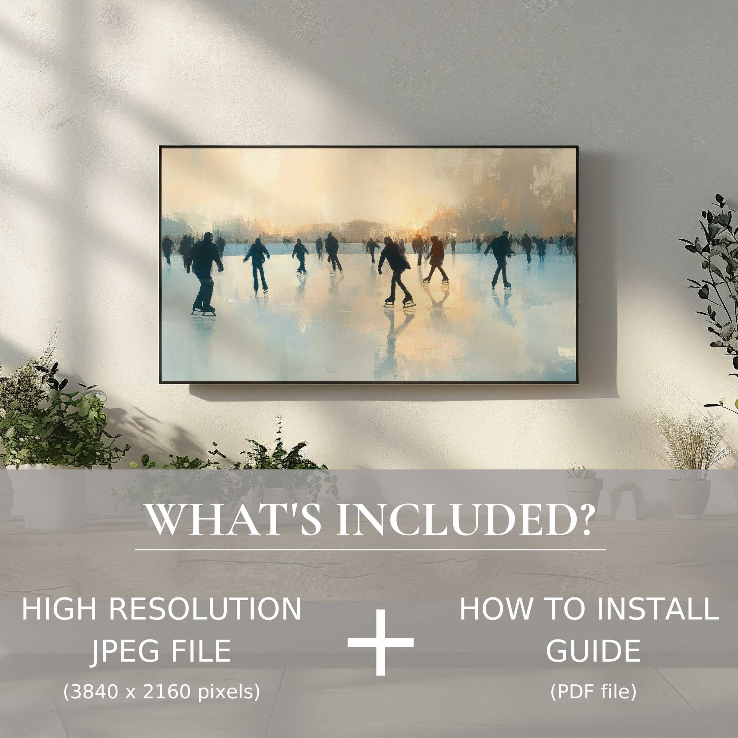 Winter digital TV art download: elegant ice skating scene enhances living spaces with easy, high-res digital use and installation guide