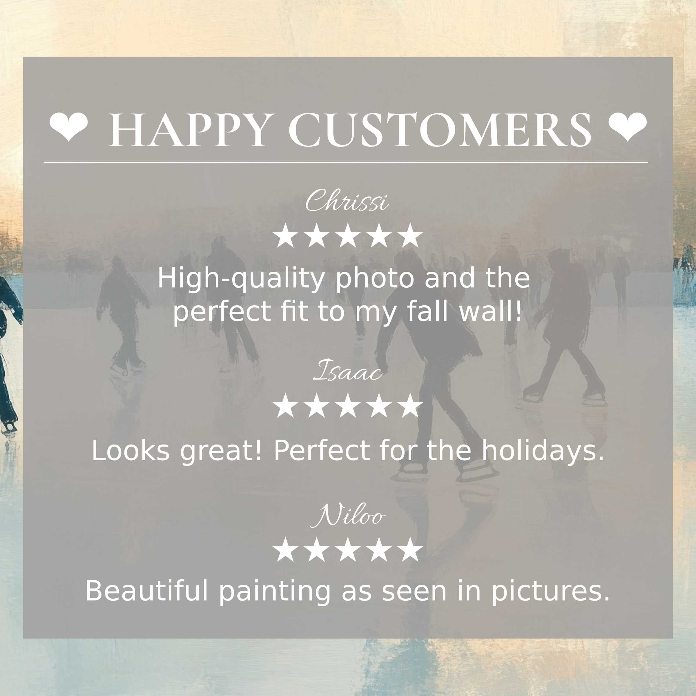Winter art for Frame TV with elegant skating scene; happy customer reviews build trust with refined style appeal