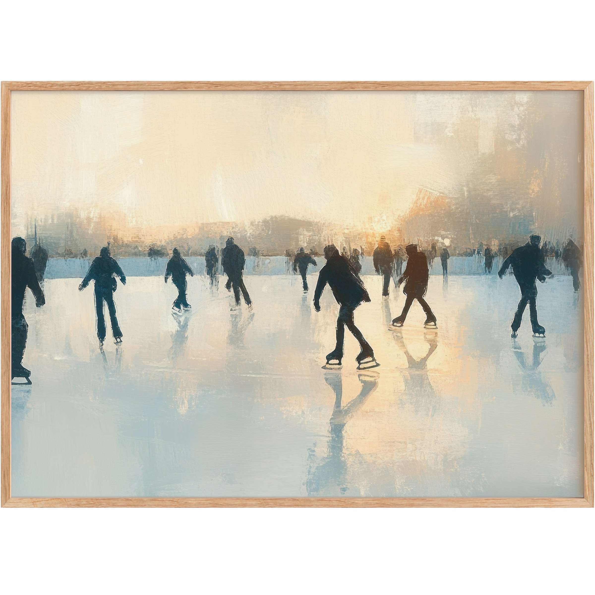 Winter printable wall art capturing serene ice skaters at dusk, with soft blues and warm golds creating a radiant, elegant ambiance