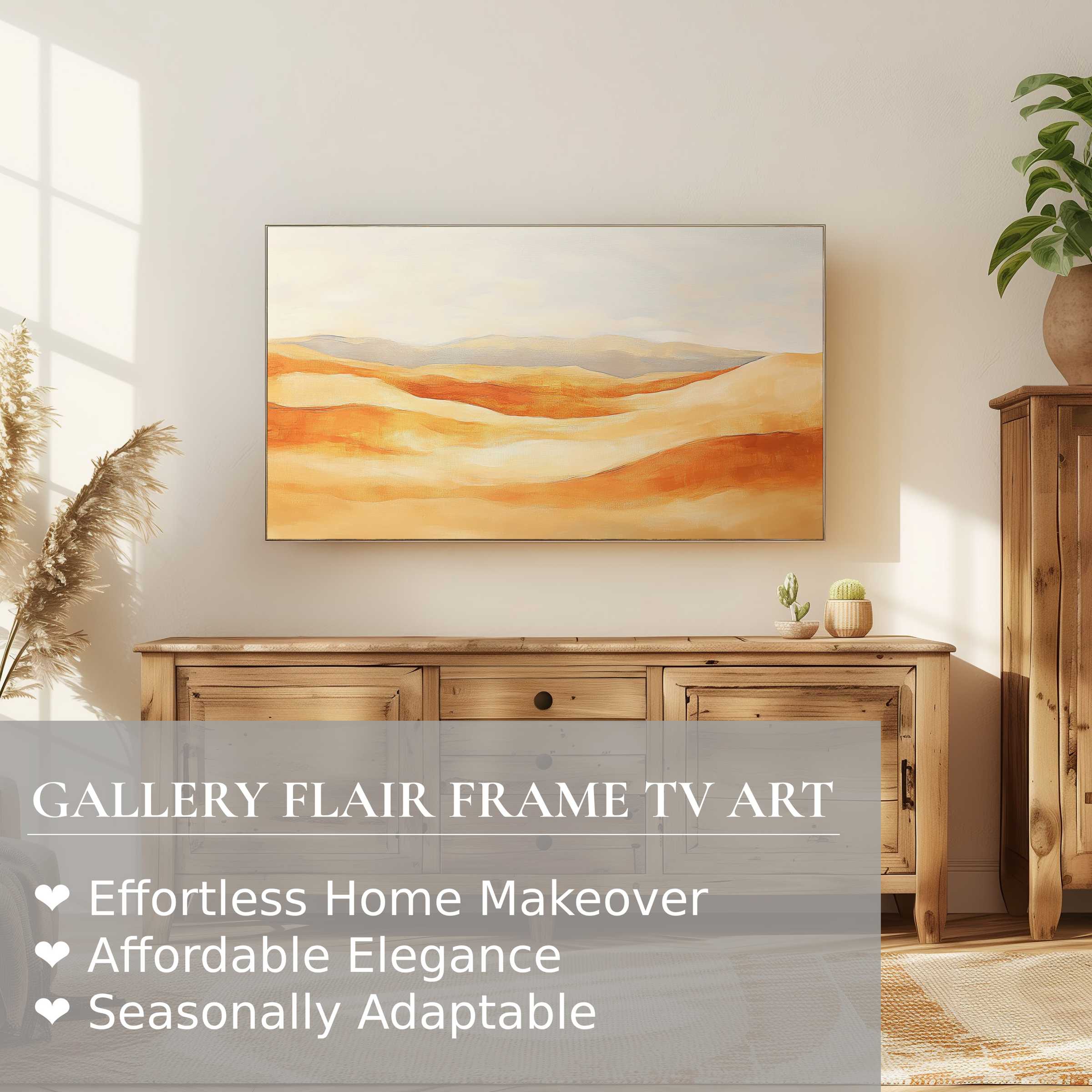 Samsung Frame TV displaying serene boho digital artwork in warm tones, enhancing modern, elegant living spaces