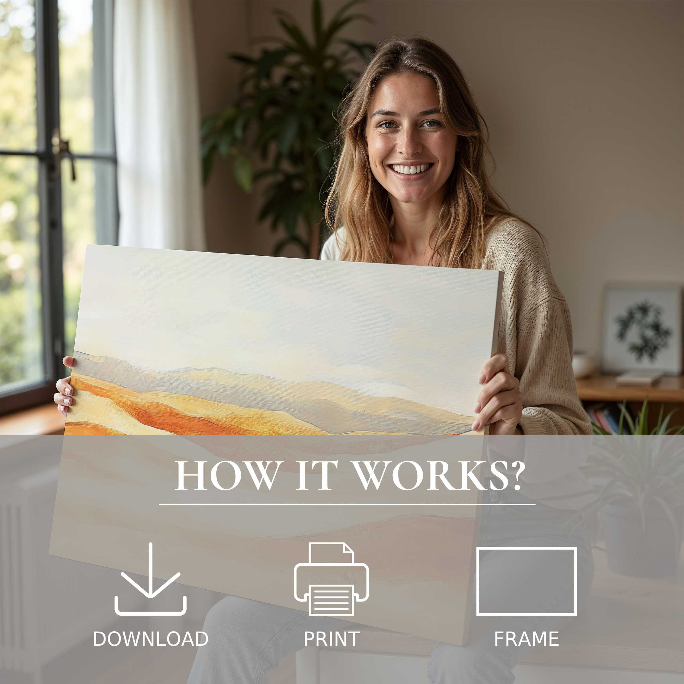 A hopeful moment of connection and joy with a boho digital art print in a tranquil, modern home setting