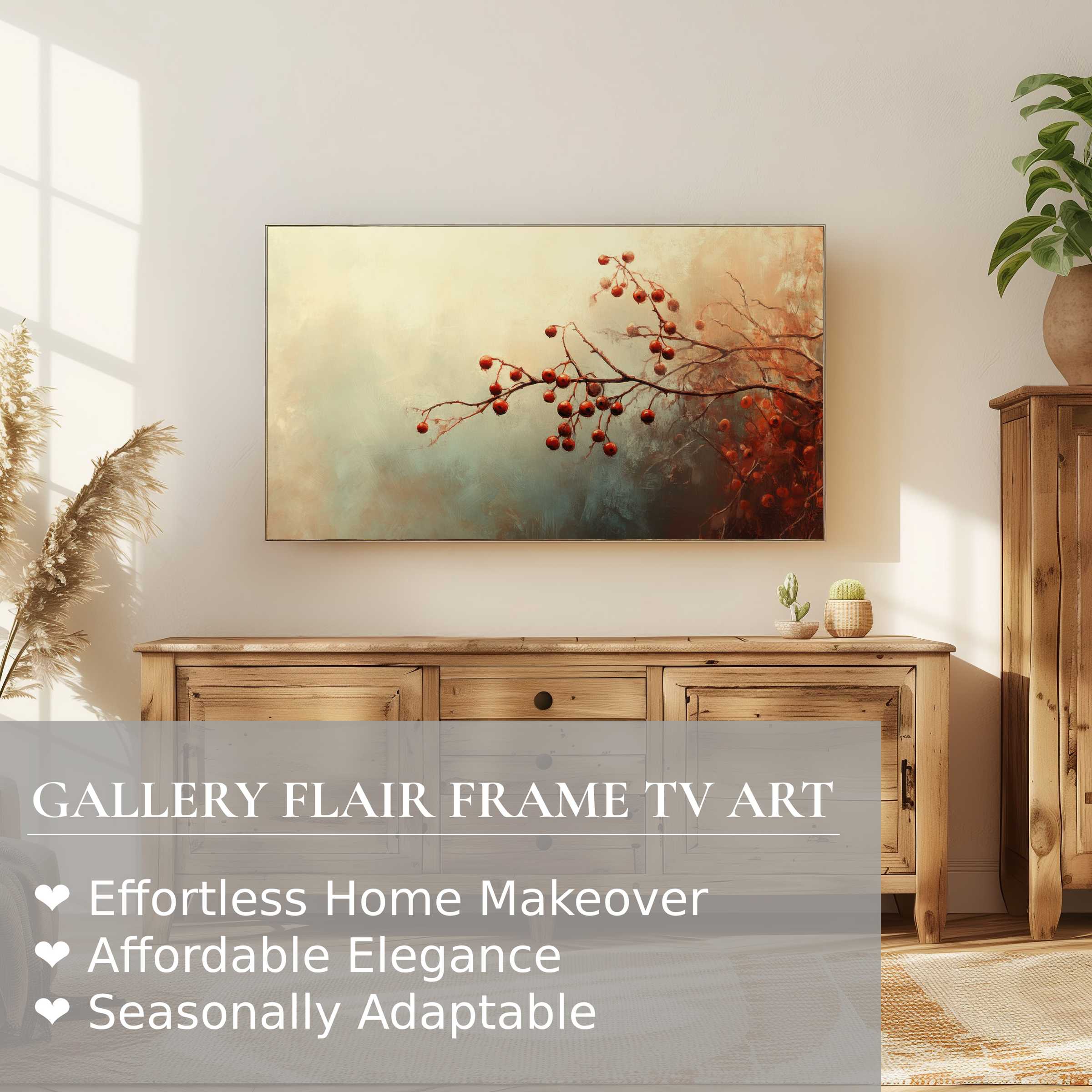 Samsung Frame TV displays elegant fall digital artwork of red berries in a serene, modern living space