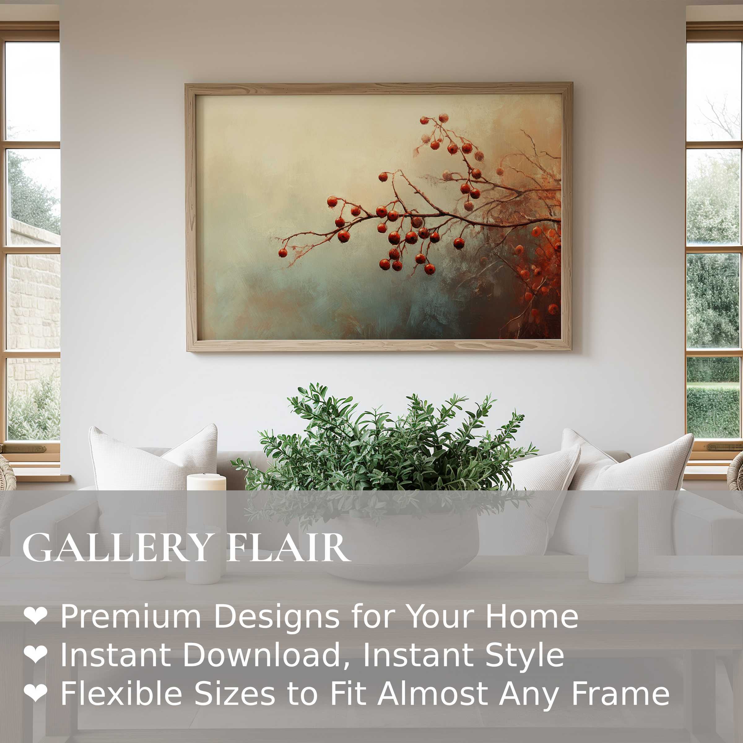 Fall wall art print featuring radiant red berries on delicate branches, enhancing modern neutral interiors with warm, calming autumn elegance