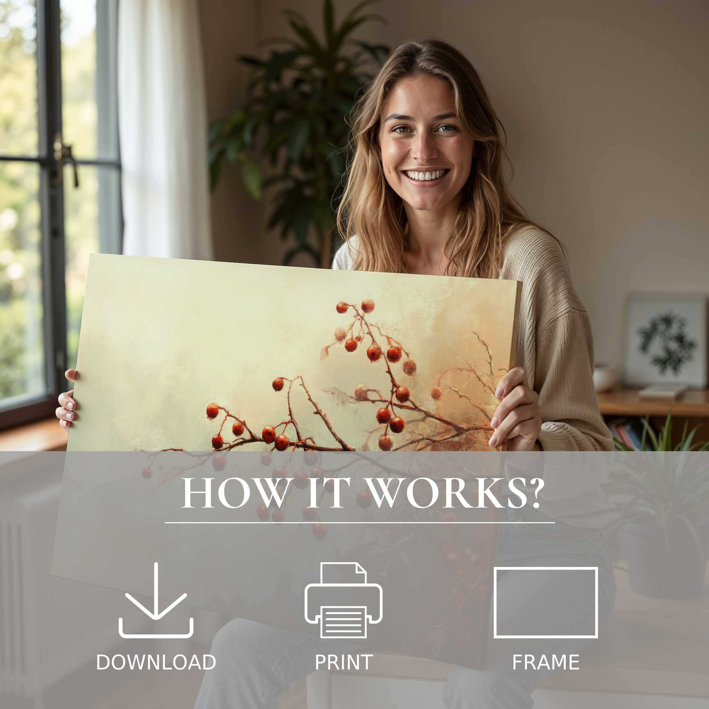 Radiant joy in a modern home as autumn hues unfold in this fall digital art print, elevating everyday moments