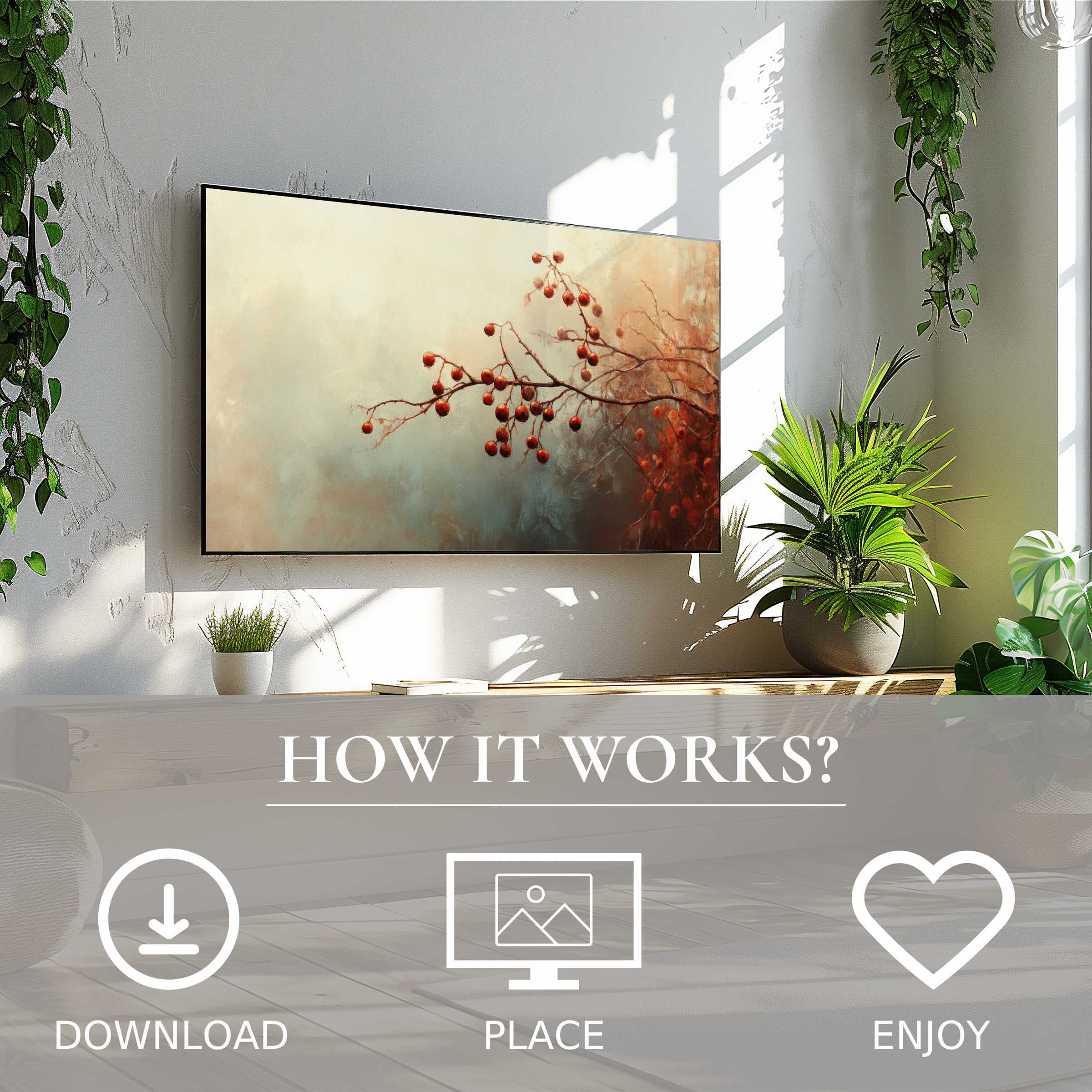 Fall art for Samsung TV shows soft sunset tones and berries; easy digital download enriches modern living spaces