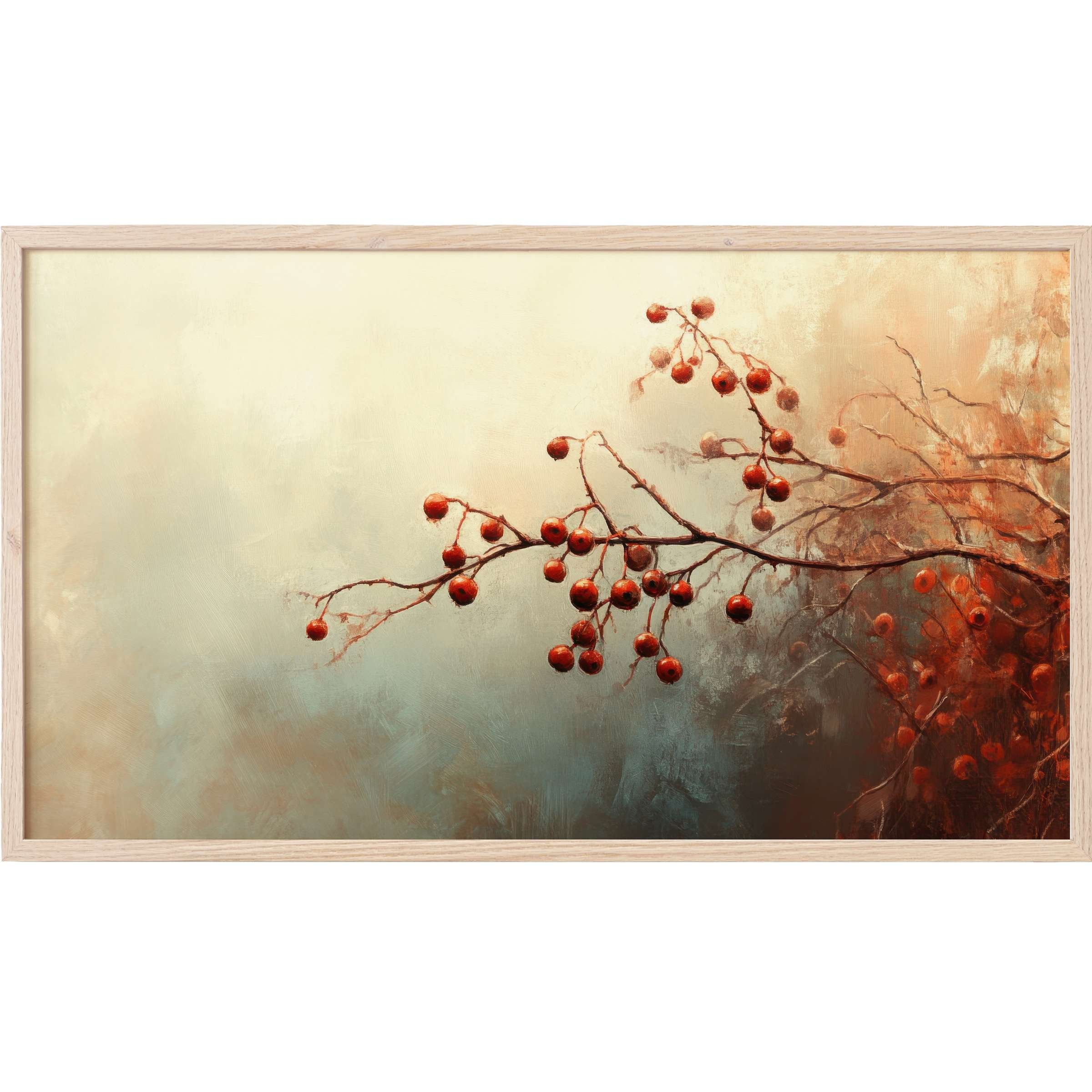 Fall Frame TV Art with delicate branches and red berries in muted creams and warm autumn hues, elegantly modern