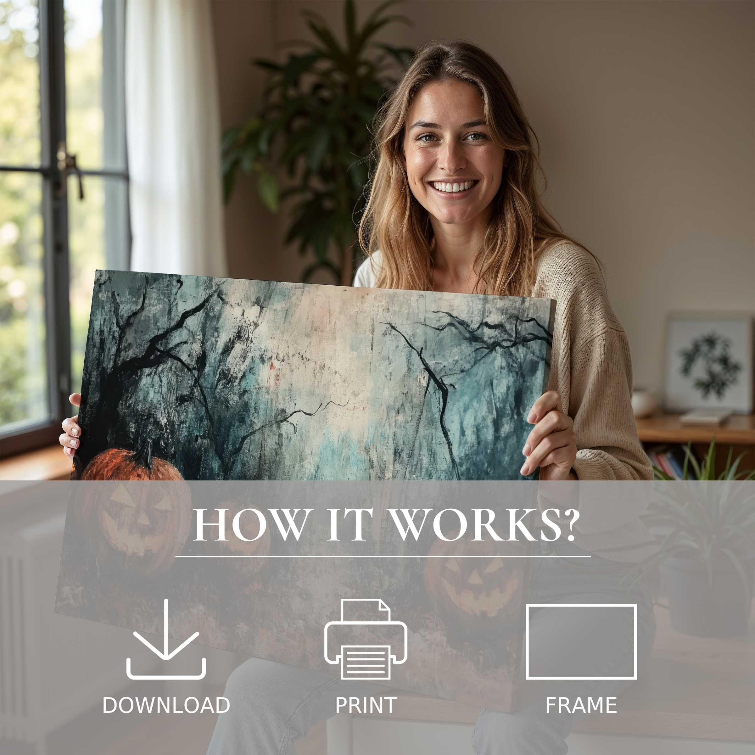 A serene moment of joy with a Halloween digital art print, bringing timeless elegance and warmth to a modern home