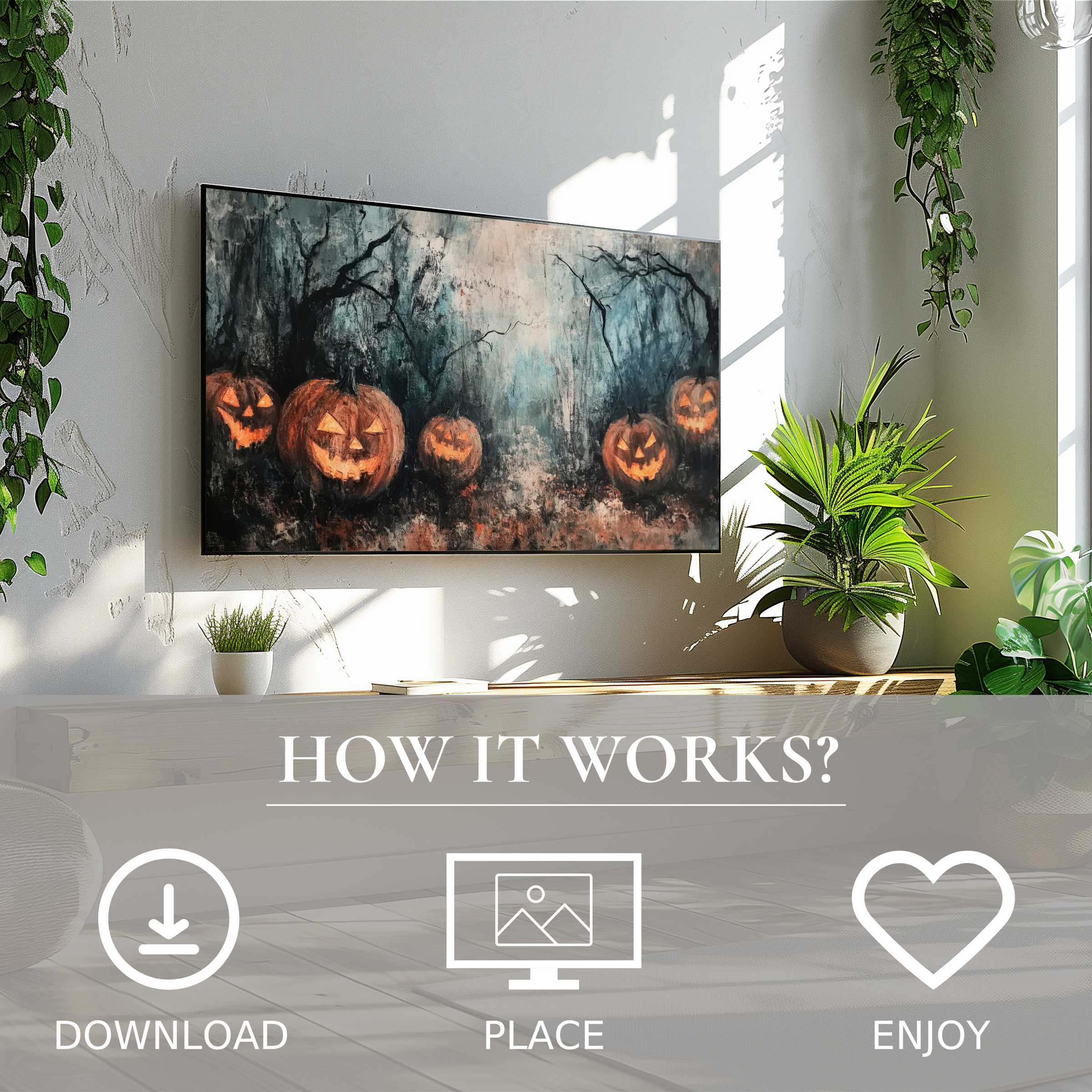 Modern living room with easy digital download; halloween art for Samsung TV shows glowing pumpkins in dark forest