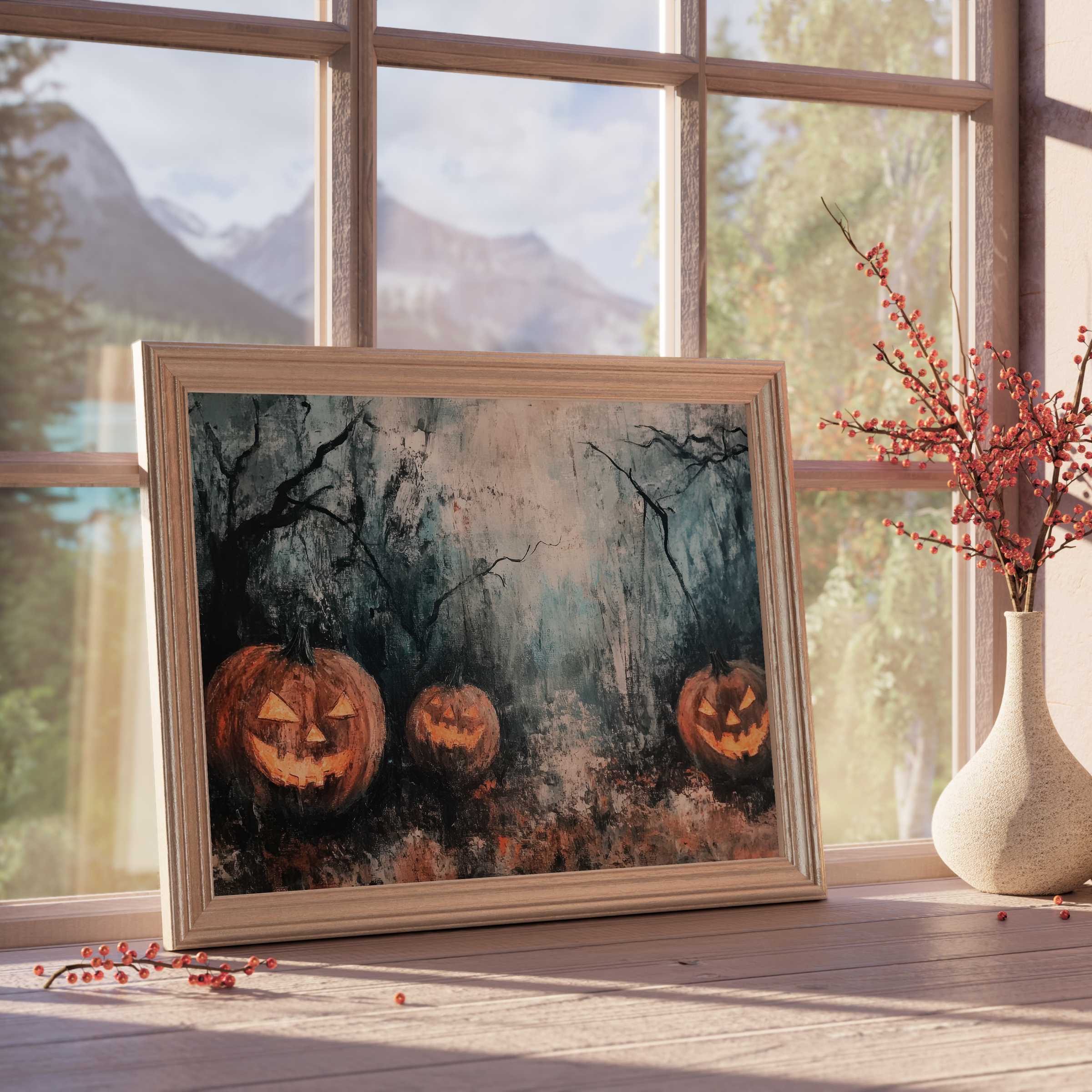 Halloween downloadable art showcasing glowing jack-o’-lanterns amid misty woods, perfect for curated, serene interiors
