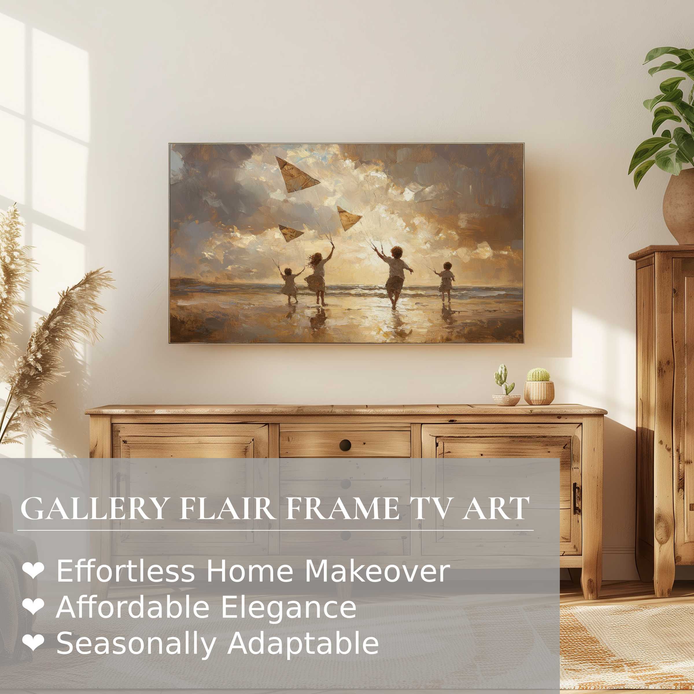 Samsung Frame TV displaying serene beach digital artwork with children flying kites in warm tones