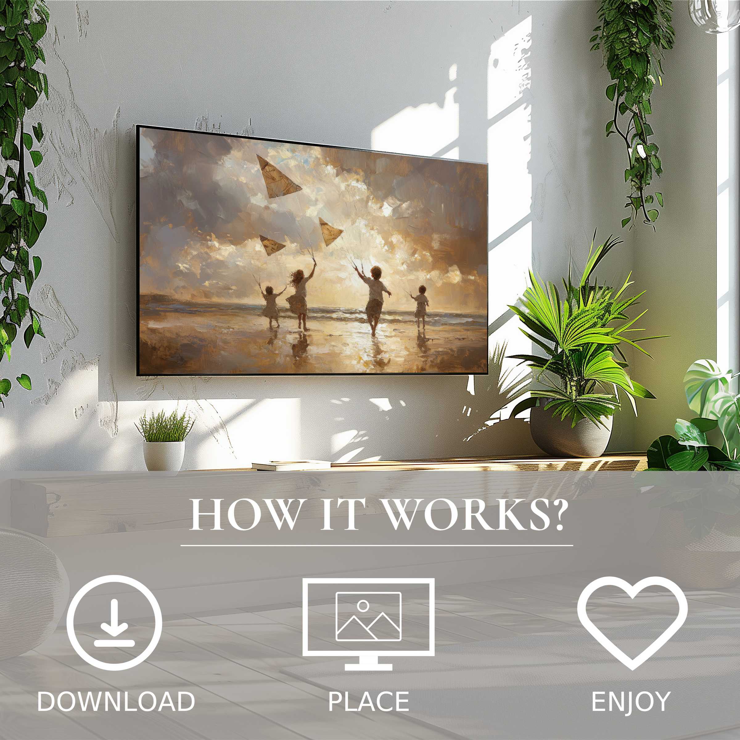 Modern living room with easy digital download beach art for Samsung TV showing warm kite-flying scene enriching space