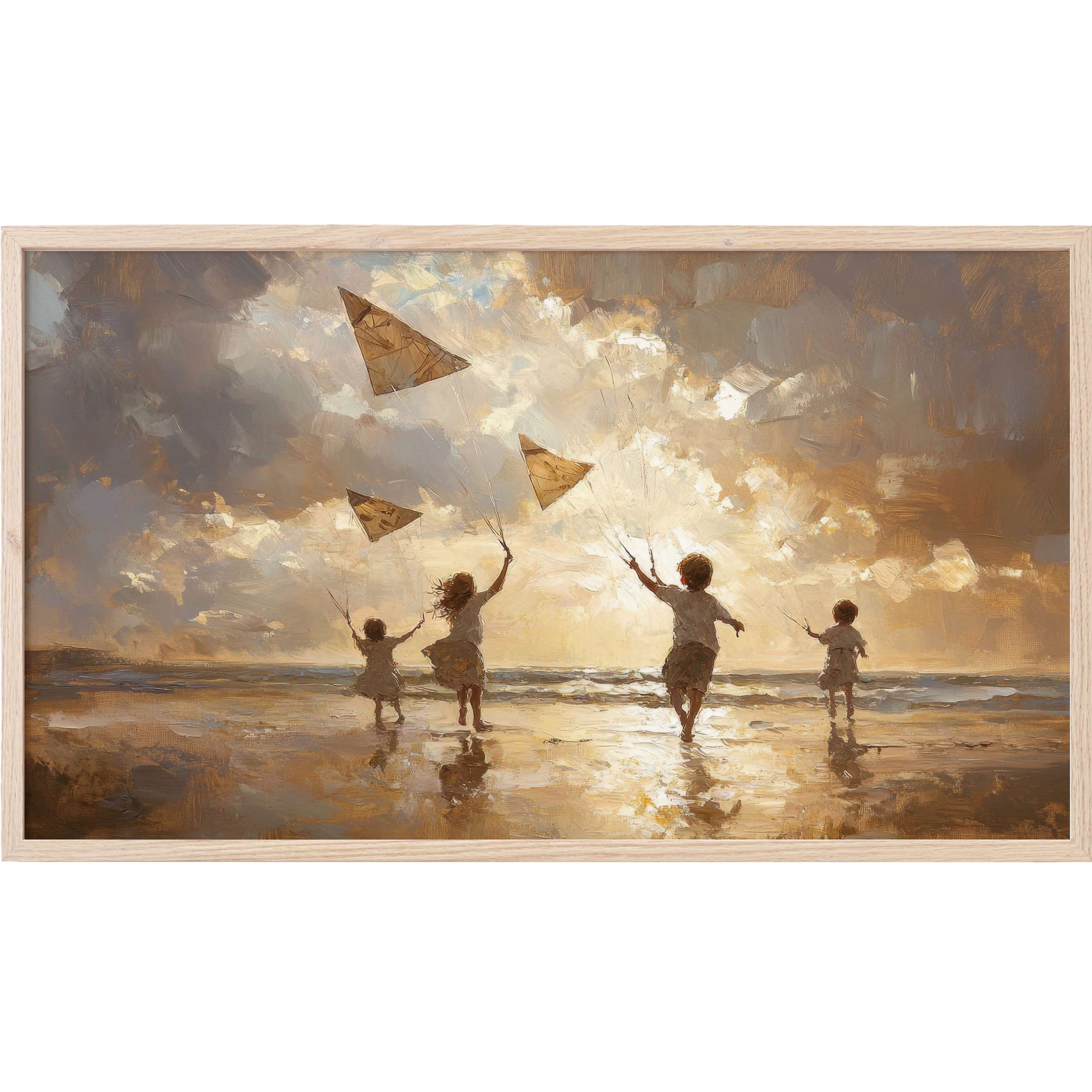 Soft sunset hues capture children flying kites by the sea in this elegant beach Frame TV Art
