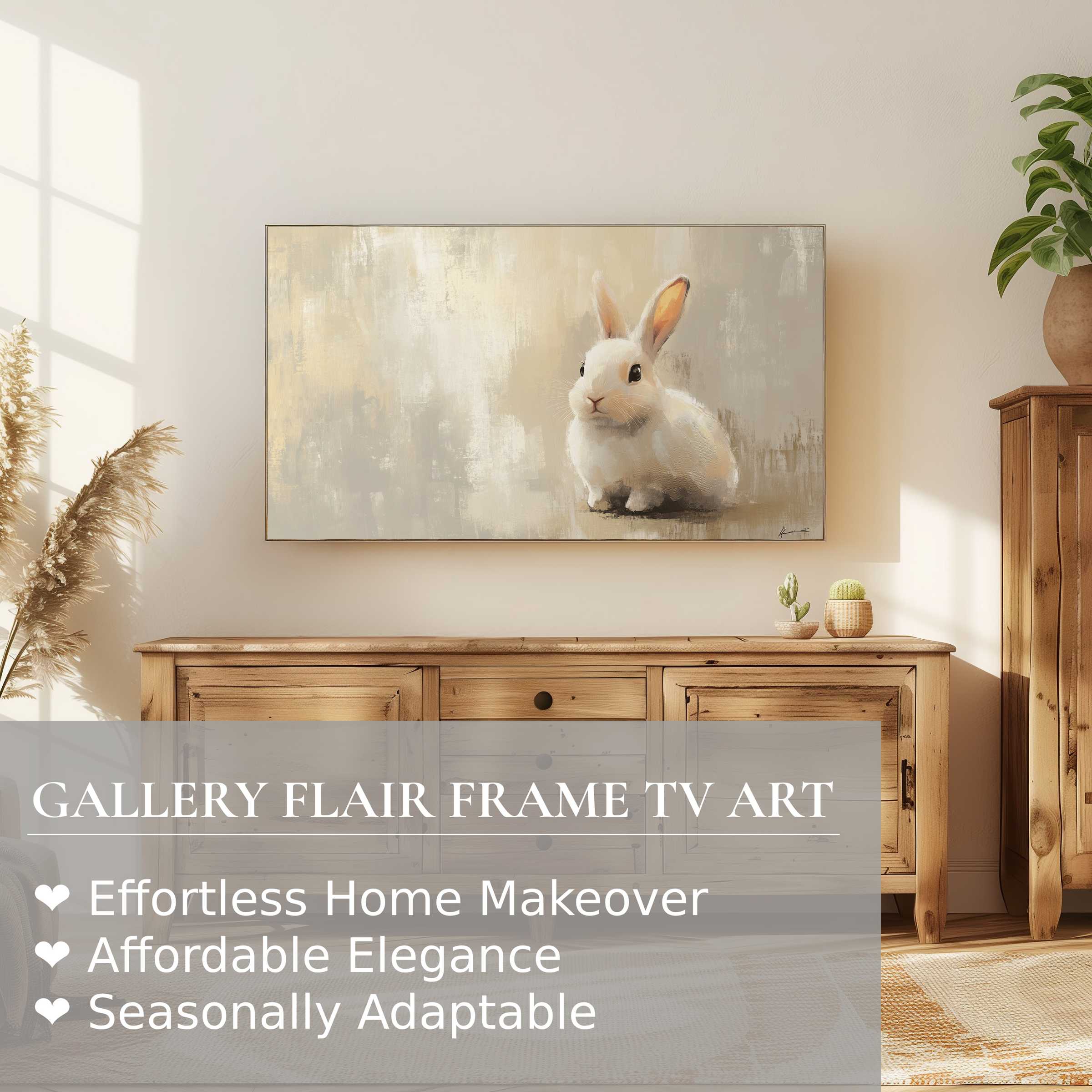 Samsung Frame TV displaying elegant easter digital artwork of a soft-toned bunny in a modern living room