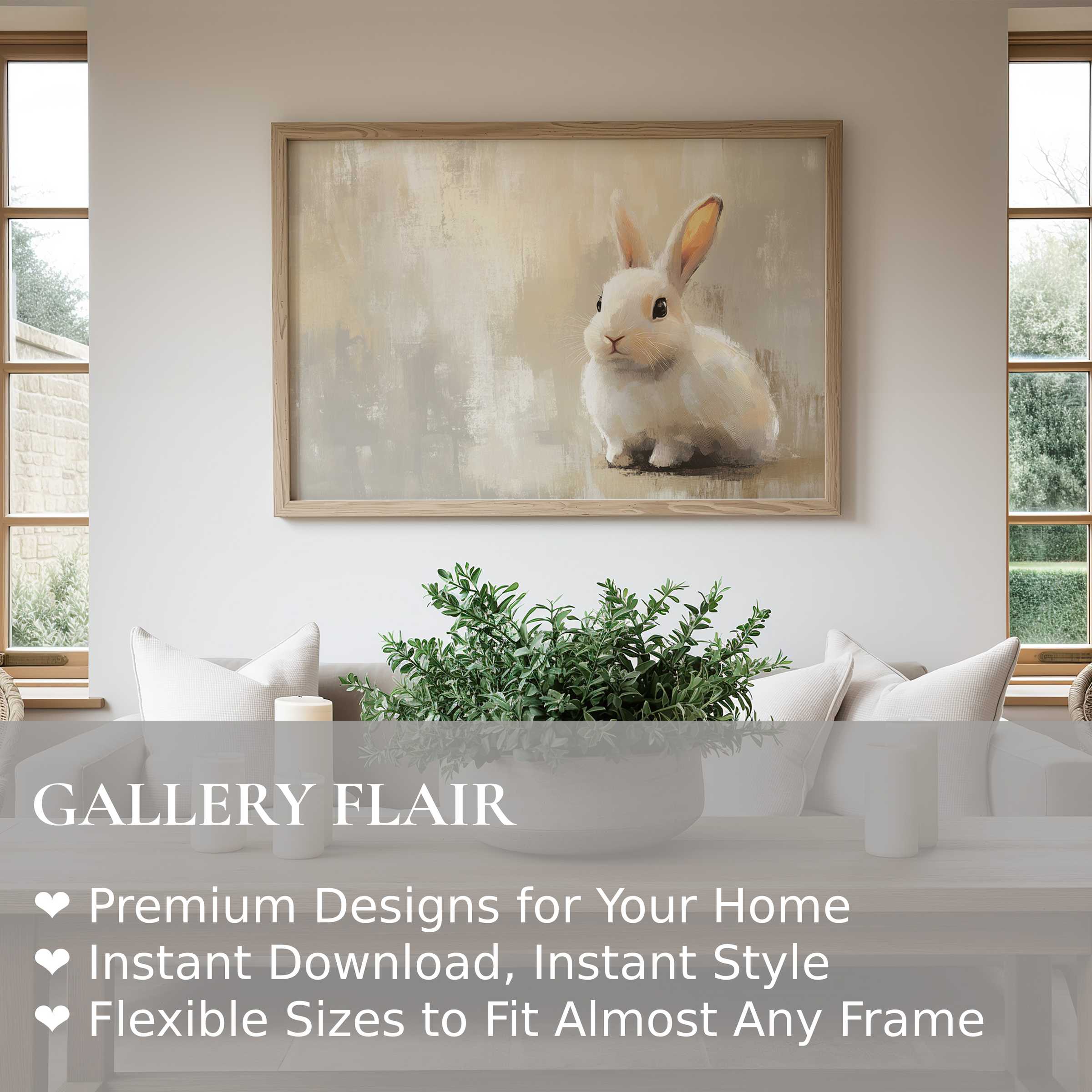 Easter wall art print featuring a soft, radiant bunny in a serene, modern living room with neutral tones and natural light