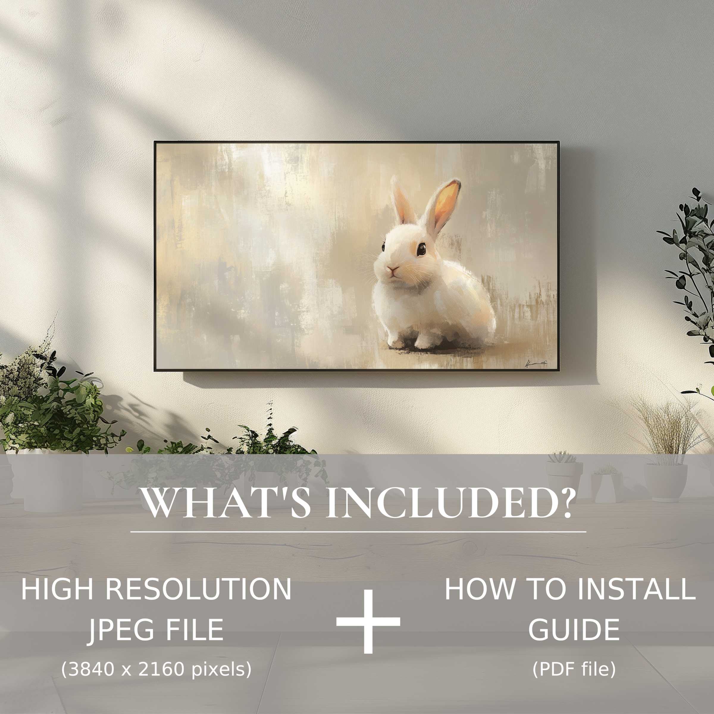 Elegant easter digital TV art download featuring a soft bunny, easily enhancing modern living spaces with digital charm