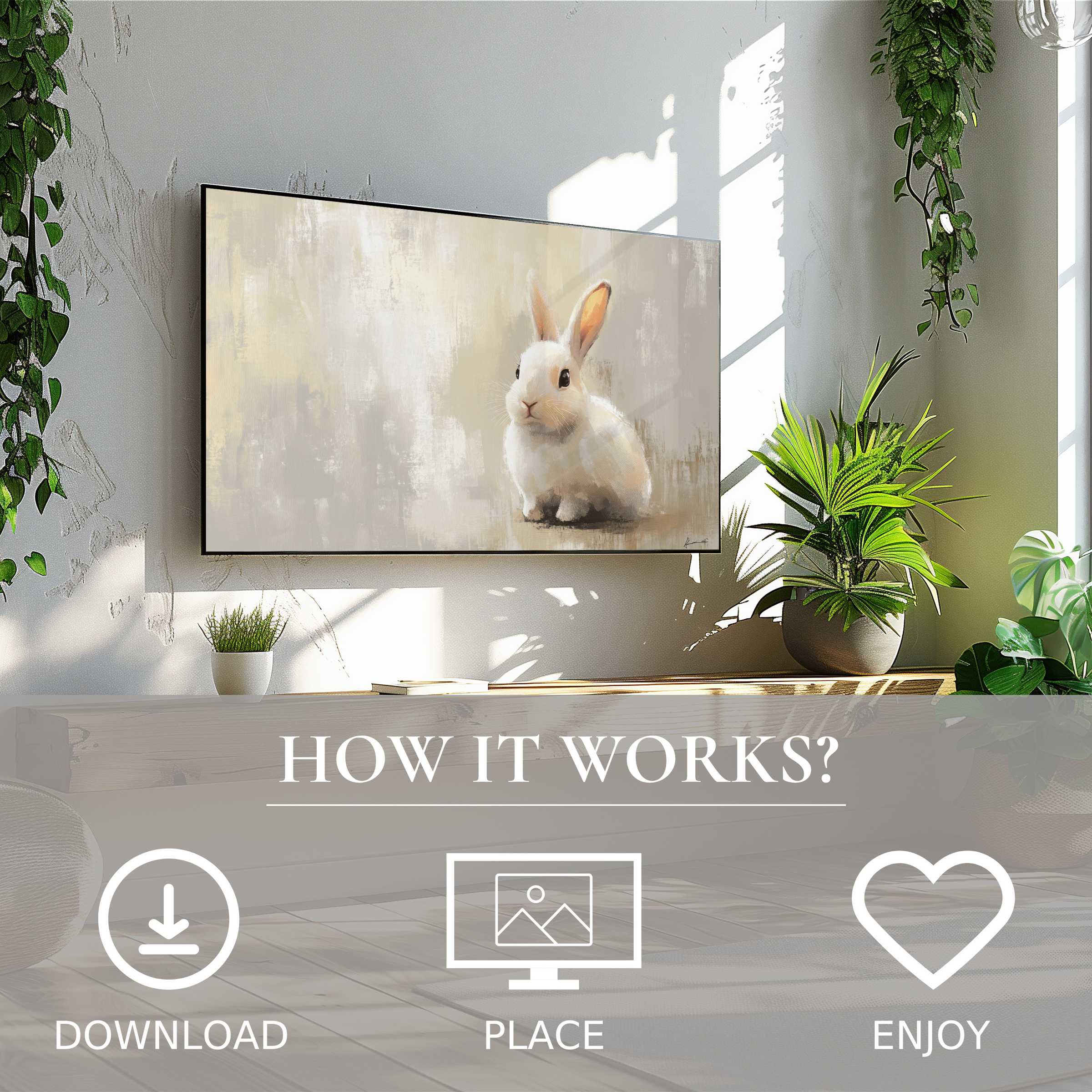 Modern living room with easter art for Samsung TV, featuring soft beige tones and a digital bunny download