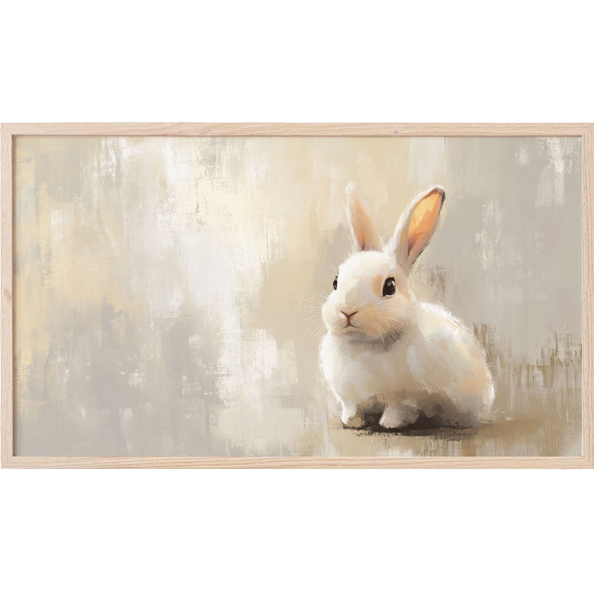 Elegant easter Frame TV Art depicting a soft white bunny with warm beige and gray abstract brushstrokes