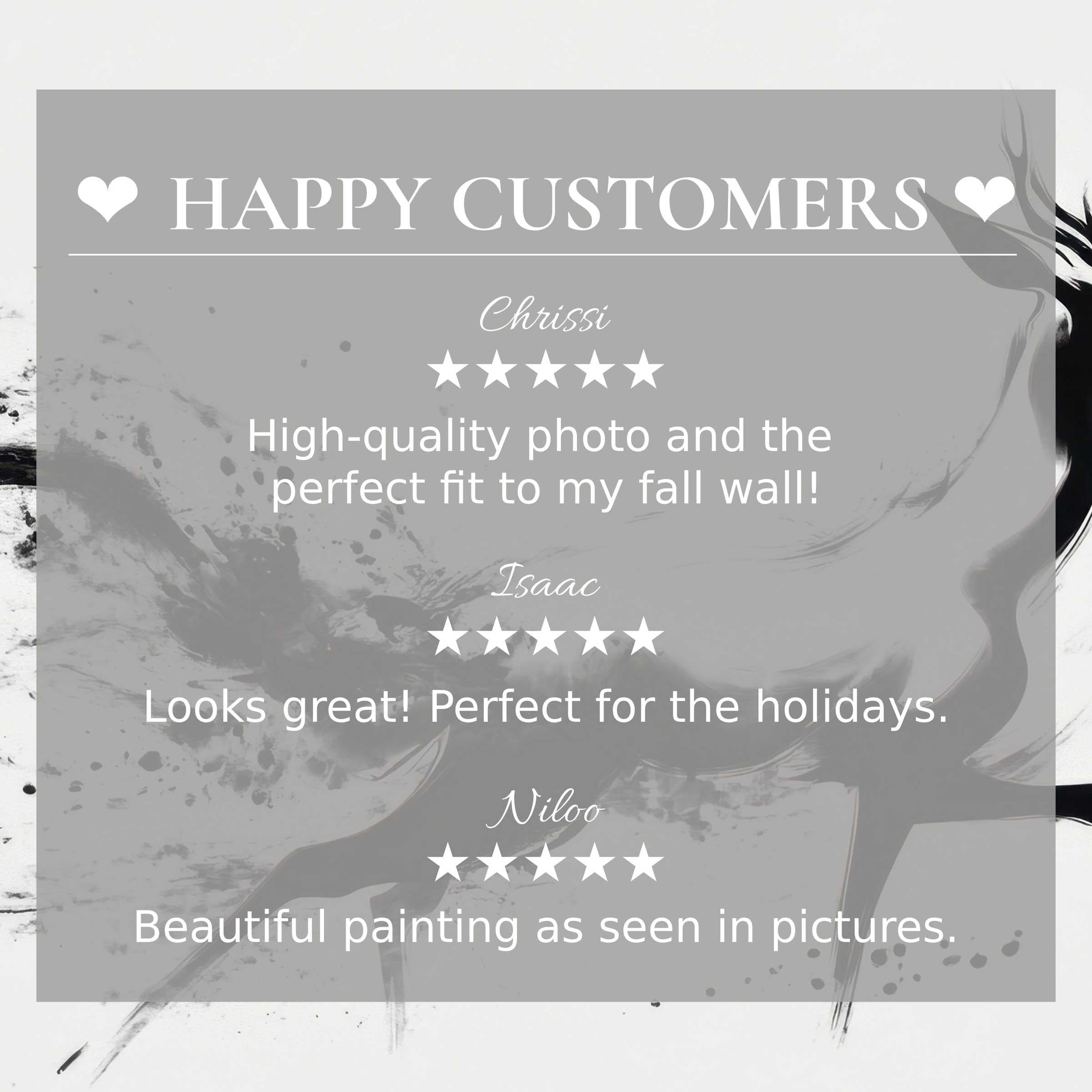 Black and white art for Frame TV with abstract ink splash, showcasing happy customer reviews and elegant style